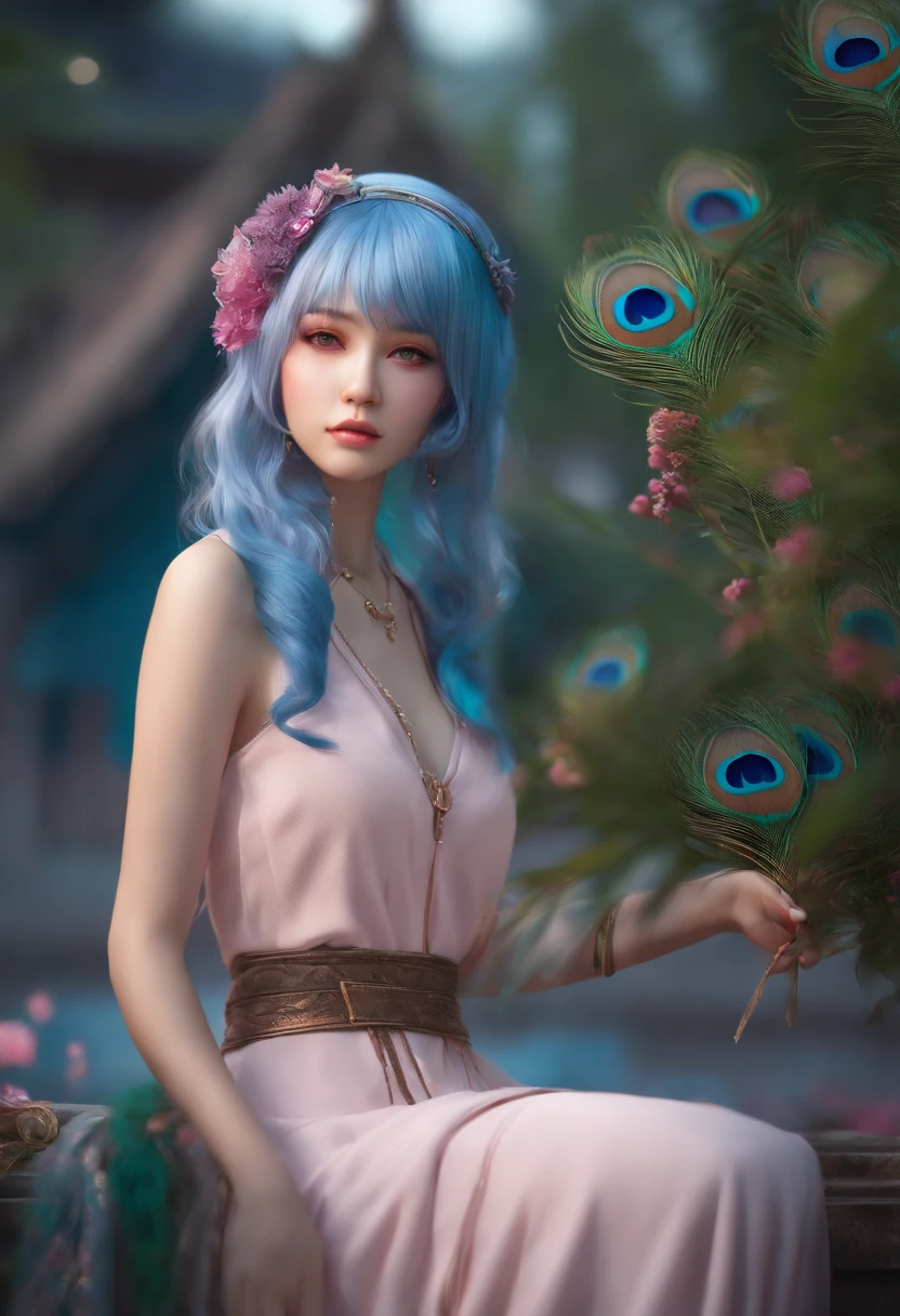 Girl with blue-pink hair and peacock feathers, Inspired by Hiko-kun Narai, CGSesociety, 🌺 Anime style. 8K, Anime style 3D, Popular on CGstation, 8k high quality detail art, Guvez style artwork, Fantasy art style, Realistic anime 3D style, Anime inspiration, Anime style mixed with Fujifilm