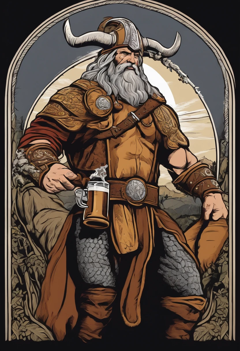viking forte, beber uma cerveja, corpo inteiro, holding a mug of beer in his hand, Comic book style, vetor, Inspirado em Thor, Plano de fundo claro, Charismatic,