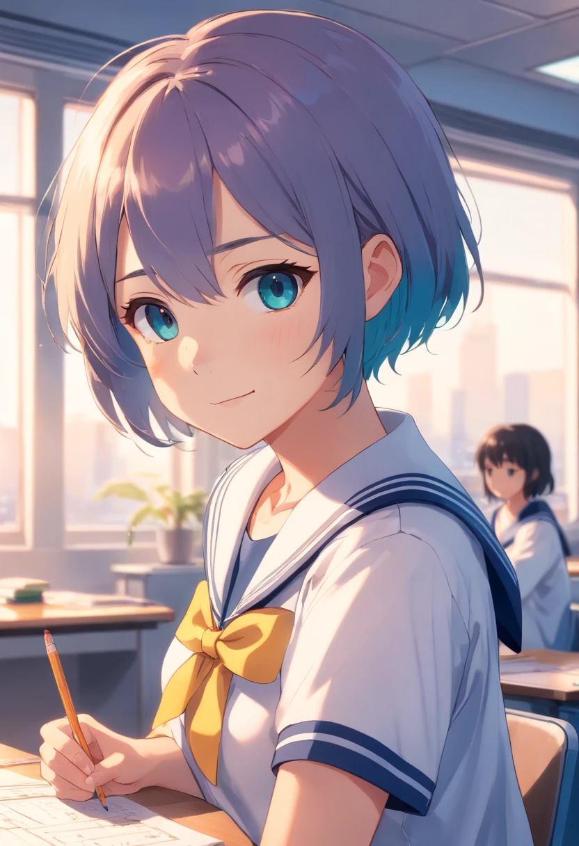  girl，It's a girl,Short Bob Hair，a smile，hi-school girl，Large classroom，blue hairs，Sit by the window in the classroom，Unable to write math problems，The gentle sun shines on him，Was wearing a uniform，It is a sailor suit
