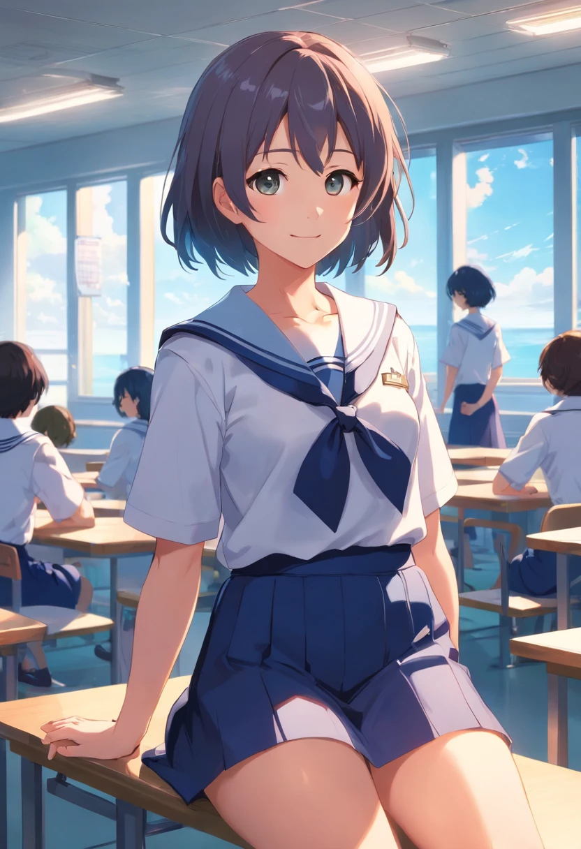 15 year old girl，It's a girl,Short Bob Hair，a smile，hi-school girl，Large classroom，blue hairs，Sit by the window in the classroom，Unable to write math problems，The gentle sun shines on him，Was wearing a uniform，It is a sailor suit