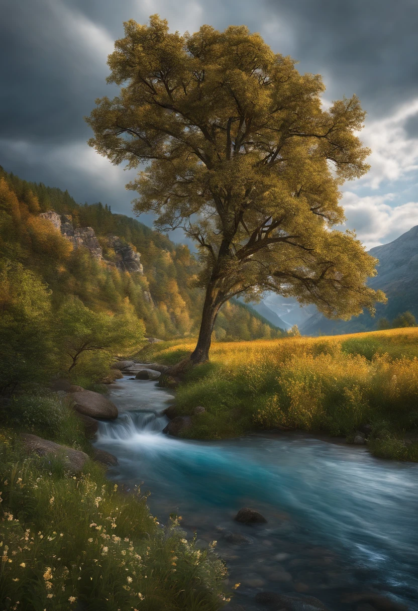Masterpiece, Best quality, High quality, Extremely detailed Cg Unity 8K wallpaper, landscape, En plein air, sky, Cloud, sky, No Man, Mountain, landscape, water, tree, Blue sky, waterfallr, cliff, Nature, Lake, River , mostly cloudy sky, award winning photography, Bokeh, Depth of field, hdr, full bloom, color difference, Photorealism, Very detailed, trending on artstationh, trending on CGSociety, Intricate, High detail, Dramatic, Midjourney Art