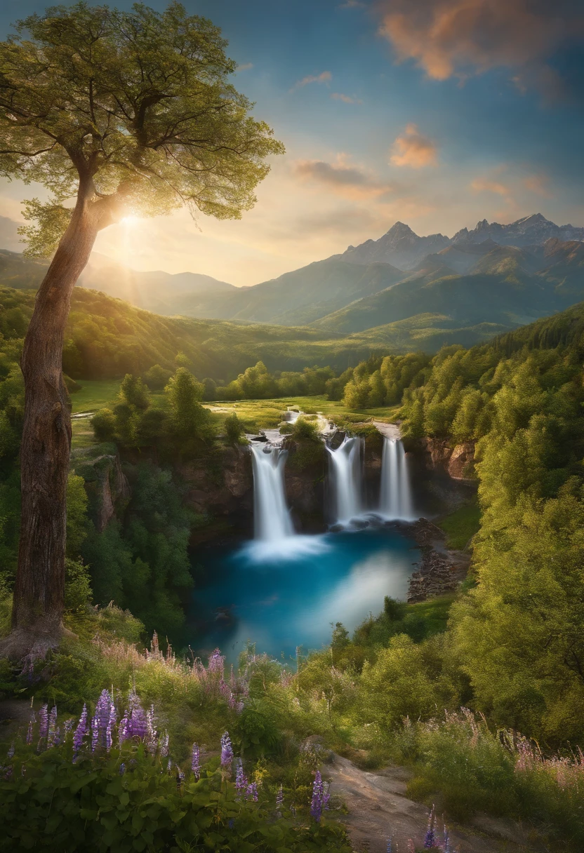 Masterpiece, Best quality, High quality, Extremely detailed Cg Unity 8K wallpaper, landscape, En plein air, sky, Cloud, sky, No Man, Mountain, landscape, water, tree, Blue sky, waterfallr, cliff, Nature, Lake, River , mostly cloudy sky, award winning photography, Bokeh, Depth of field, hdr, full bloom, color difference, Photorealism, Very detailed, trending on artstationh, trending on CGSociety, Intricate, High detail, Dramatic, Midjourney Art