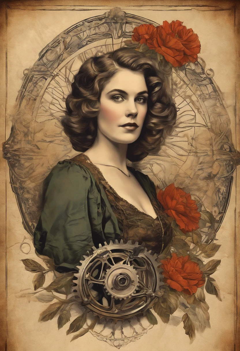 Charlie Bovot realistic lithographic sketch of a portrait of a woman, Flowers, [gear wheel], pipelines, Dieselpunk, Multi-colored ribbon, Old paper texture, Highly detailed