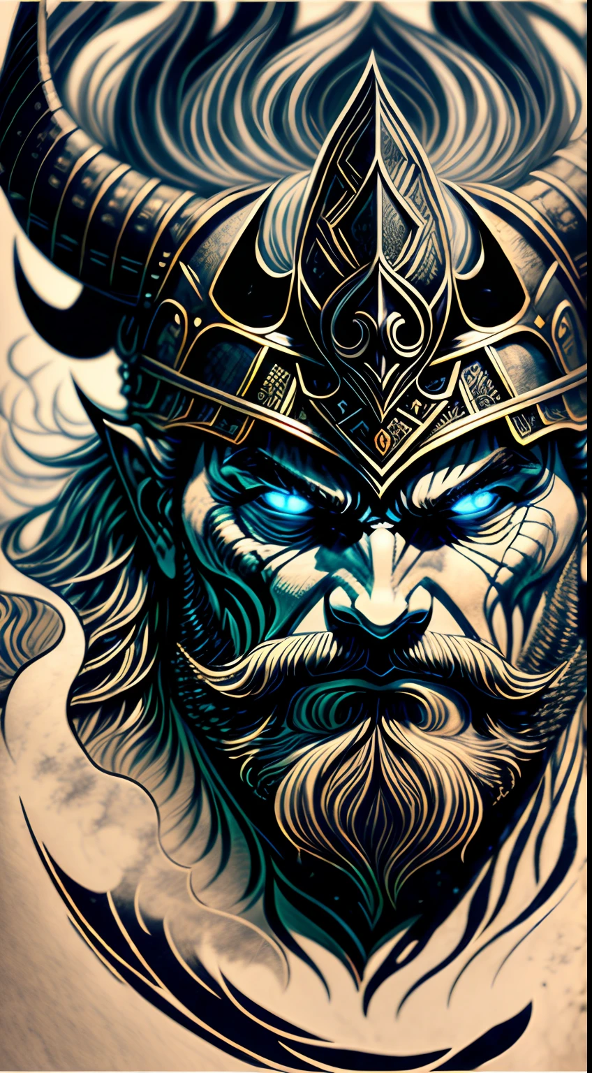 An intense close-up of a Viking warrior with piercing, glowing eyes, surrounded by an inky darkness. His horned helmet gives him an imposing silhouette, while his wild, flowing beard adds a touch of ruggedness. The warrior's face bears an expression of deep anger, a testament to his ferocity in battle. The backdrop is filled with swirling tendrils of inky blackness, reminiscent of ancient mythological forces. The atmosphere is tense, hinting at the mythical powers that surround the warrior. The image combines high detail and an artistic touch, creating a captivating visual experience. Artwork, ink on parchment