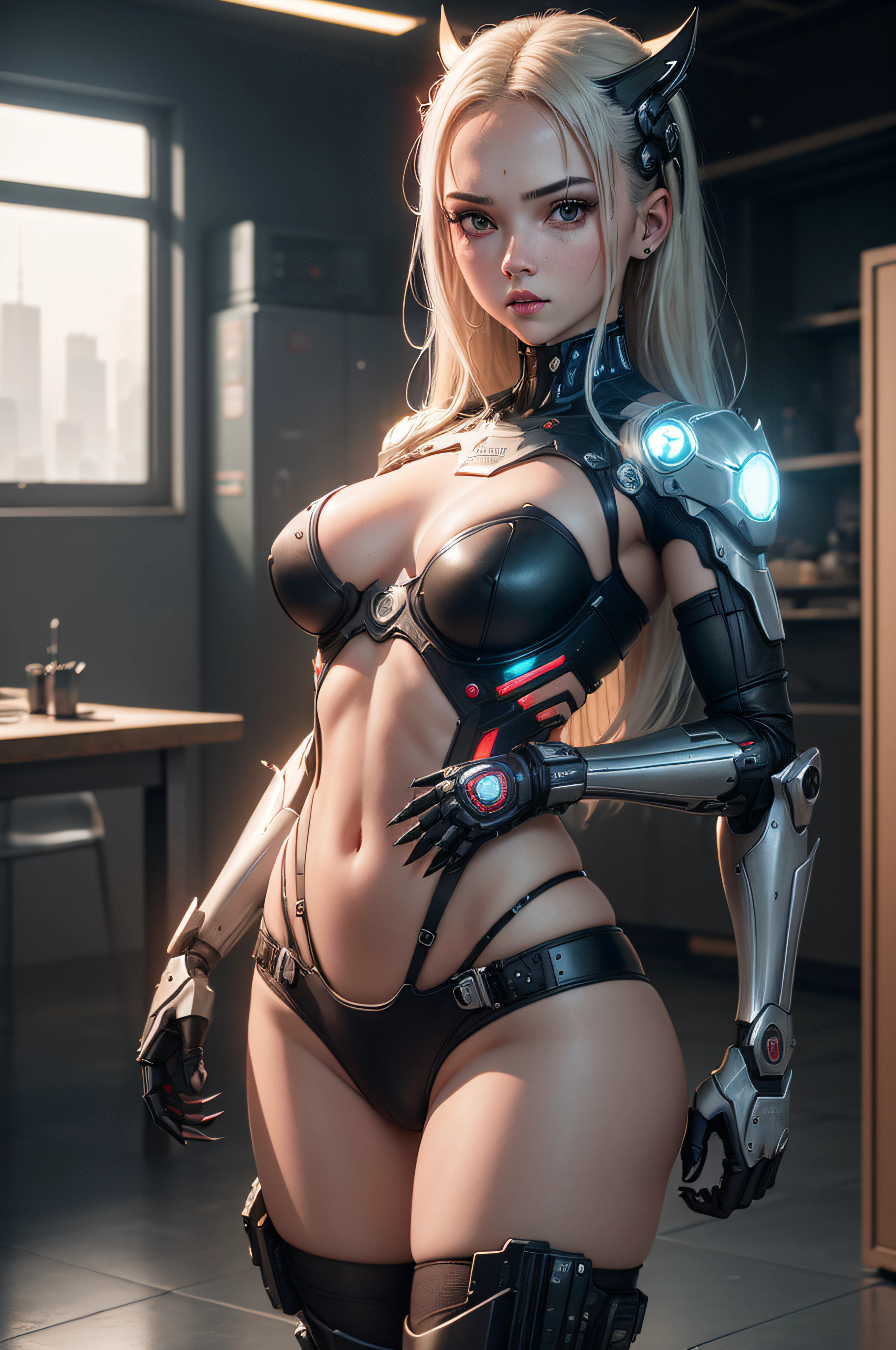 ((calidad superior)), ((obra maestra)), ((realista)), (Los detalles), (fotorrealista:1.5), puppet, marioneta de nadera humanoides tendidos en un piso de concreto, Science-Fiction, HDR, Trazado de rayos, NVIDIA RTX, Los ultra-Highres, Irreal 5, Sub-Surface Scatterring, PBR texturizado, Post-procesamiento, Anisotropic filtering, Profundidad de campos, maximum sharpness and sharpness, Regla de los tercios、8K RAW、(Luminescent Particles:1.4)、(super-detailed CG、Unidad 8k Fondos de pantalla、lighting like a movie、destello de lente、foco nítido、Girl with red lingerie in robotic parts, Wolverine claws, Maravilla, Arte cyberpunk、arquitectura cyberpunk