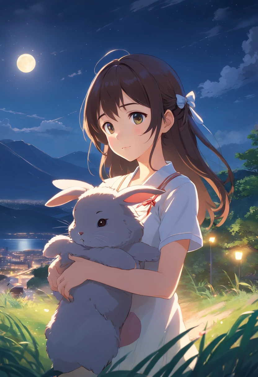 Long curly hair,the night,full moon,dark brown haired girl holding two small rabbits one is black the other is beige ,Outside a group of nature , Hug with a cheongsam,A little bunny wearing a scalloped bow hairpin,unreal render,reasonable design, high detal, Masterpiece, Best quality, hyper HD,