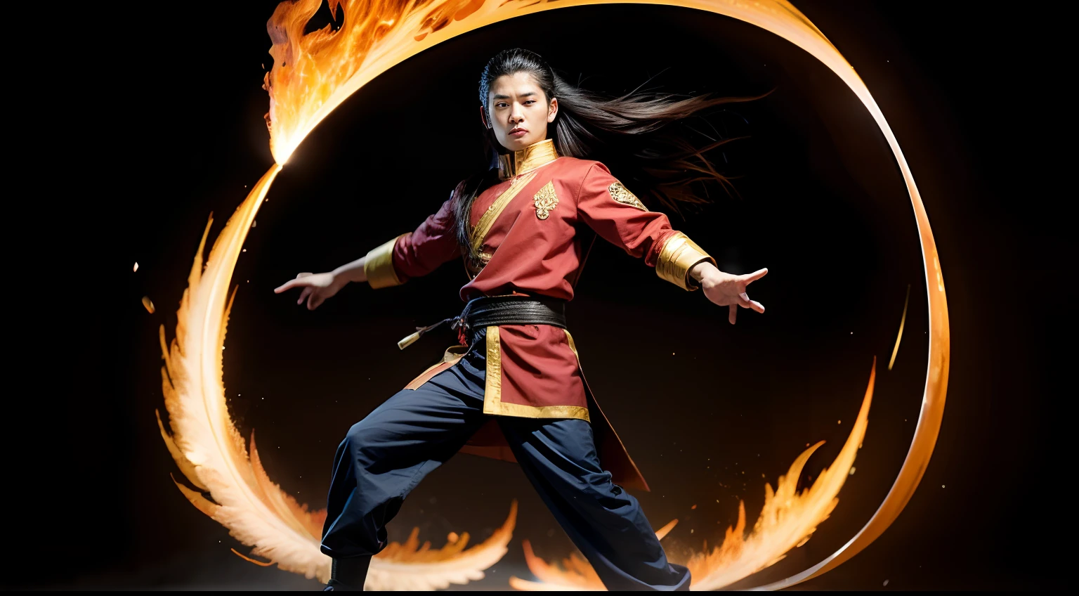 asian man that forward facing with long hair, full body, arm spread and red background with fire from avatar the last air bender