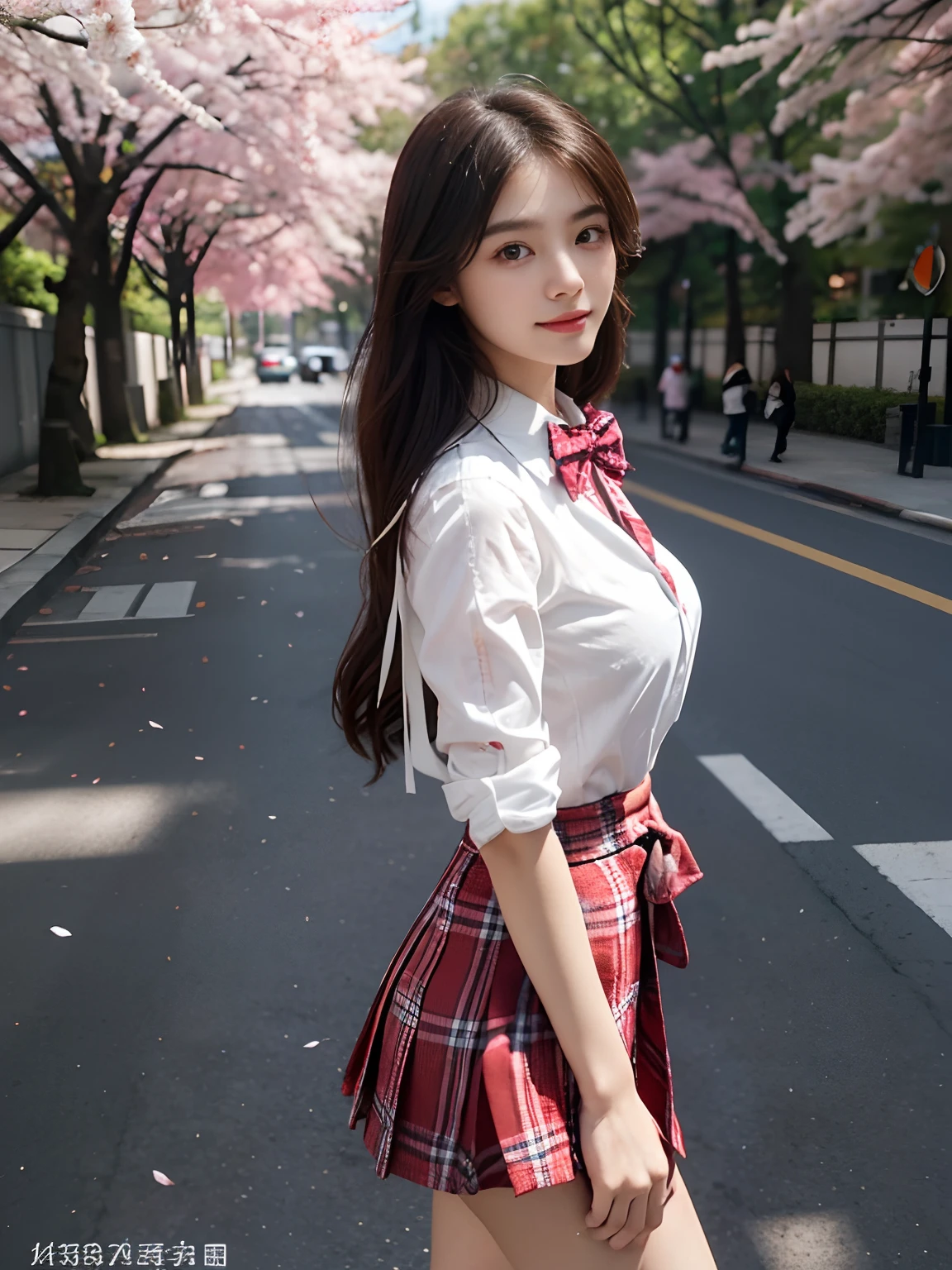 best qualtiy,tmasterpiece,超高分辨率,(真实感:1.4),RAW photogr,1girll,long whitr hair,Face Highlighting,Pure,Girly,Flushing,18yr old,18-year-old smiling female classmate,Pure,Innocent,(best qualtiy,8K,tmasterpiece:1.3),Goose egg face,largeeyes,long eyelasher,Exquisite(live-action realistic style),Star-like eyes,Ultimate face,Photorealistic light and shadow,Clear facial features,Milky white skin,Fair skin, highdetailskin, Realistic skin details, Visible Pore,(Super detail),(perfect bodies:1.1),long whitr hair,(dynamicposes),((Dynamic background((volumettic light:1.3)),huge tit,Cherry blossom avenue,Plaid skirts,Cover buttocks,Plaid bow tie,white shirt,liberta,Dashing,long leges,Shunguang,Street photography