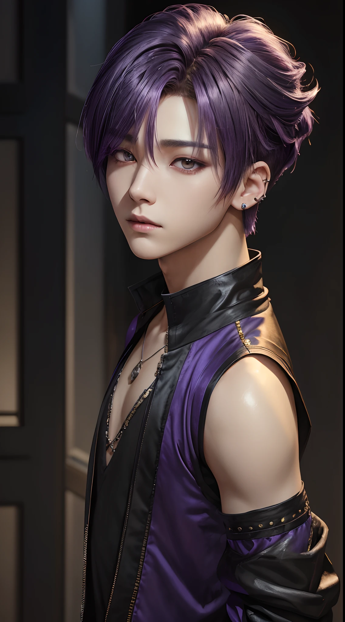 Englandtown, Professional Photos, shot from back, Photographed so that the whole body can be seen, shot from back, By Fedman with a necklace, inspired by Sim Sa-jeong, androgynous vampire, :9 detailed face: 8, extra detailed face, detailed punk hair, ((Gray)) baggy eyes, Seductive. Highly detailed, semi realistic anime, Vampires, hyperrealistic , delicate androgynous prince, imvu, Bright purple hair, Gray eyes, Black Cool Korean Fashion, Hiding both eyes with bangs, I can't see both eyes with bangs, Long bangs, short hair above the ears, Glaring expression, Wild look, looking distantly, high-level image quality, masterpiece, ((1 male human))