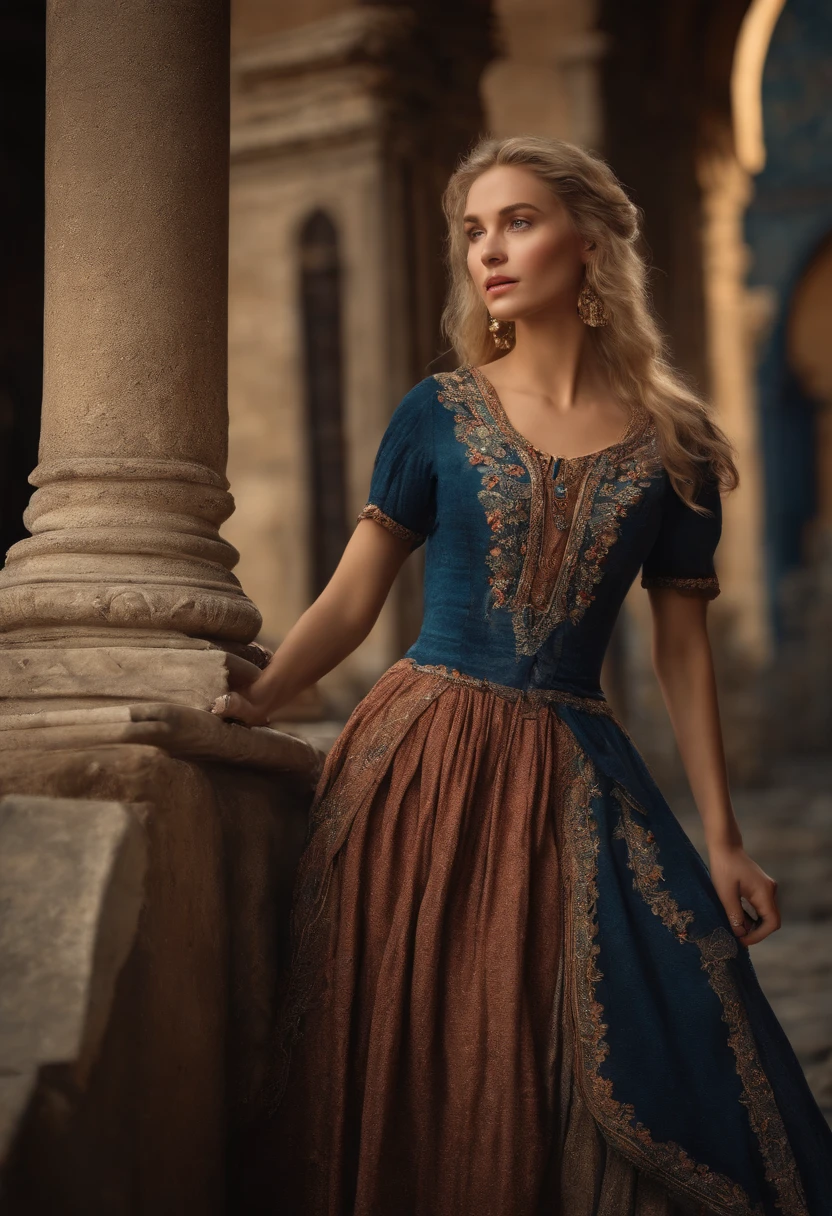 Best quality, Masterpiece, Realistic photo, Intricate details, RAW photo, Ultra detailed, Old-fashioned young woman, Pair it with a peasant-inspired dress, No neckline, Blonde hair, Perfect details and blue eyes, Walk in the ancient city, HD quality, 8K, Young woman, 20 years old