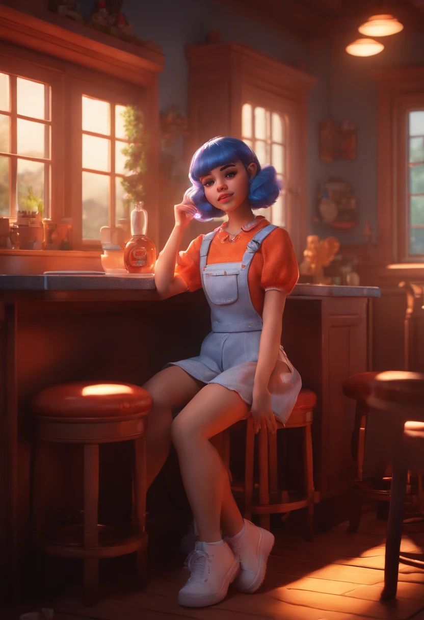 Cute Melanie Martinez as a very cute anime character, cartoon character, Unreal Engine Warm interior lighting Art Station Detailed digital painting Character Design Mark Lyden Pixar Hayao Miyazaki Unreal 5 Dazzling Hyperreal - Octane Neon rendering