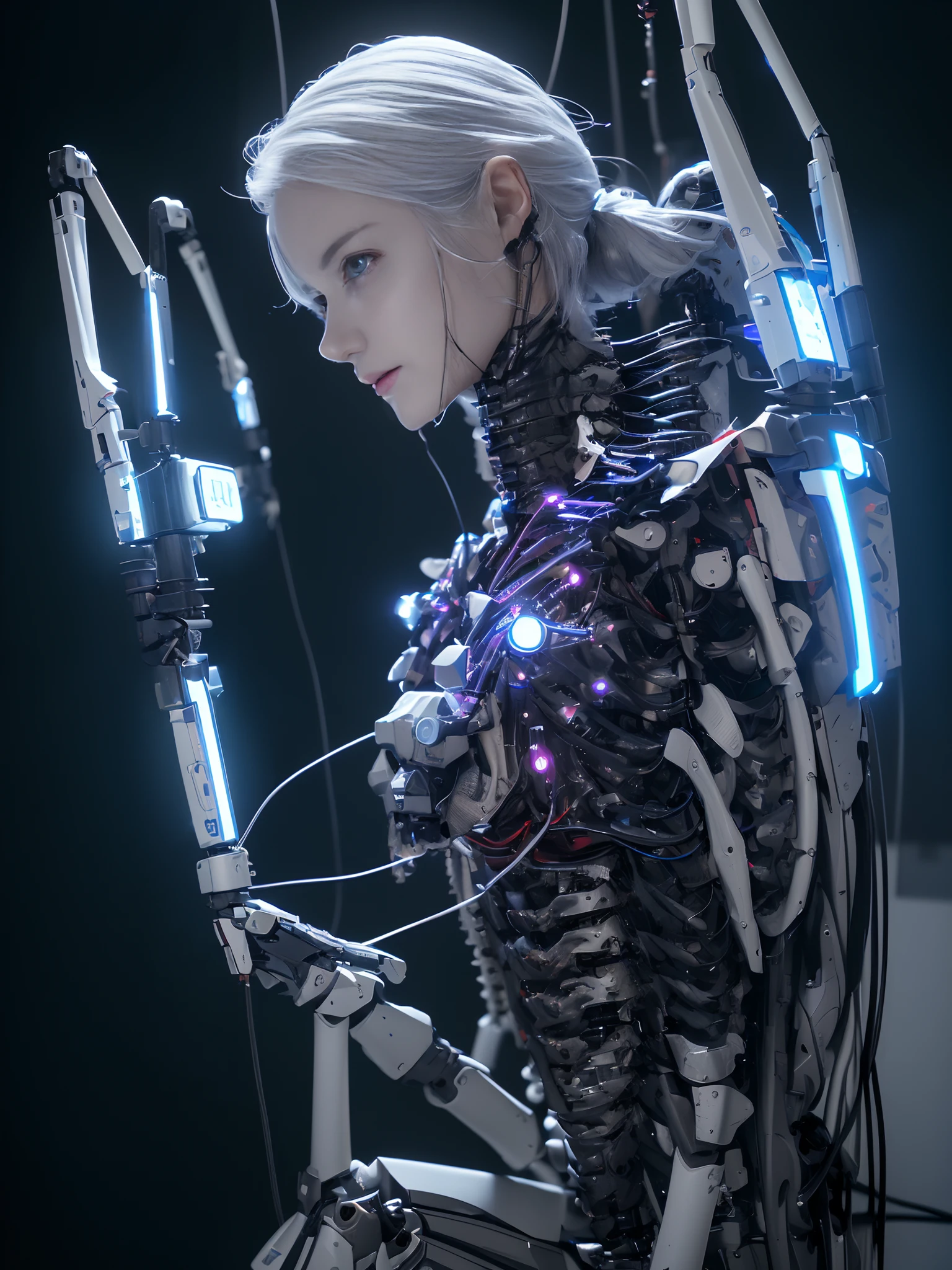 (((Masterpiece)))), (((highest quality)))), ((Ultra Definition)), (Very Detailed Photoreality), (((Very Delicate and Beautiful)), (Delicate and Pretty Face), Cinematic Light, (((1 Machine Girl)), Solo, Full Body, Big, Cleavage Is Visible Skin, White Hair, Purple Eyes, Luminous Eyes, (Mechanical Joint: 1.4), (Mechanical limbs)), (Blood vessels connected to tubes), (( Mechanical vertebrae attached to the back)), ((Cervical vertebrae of the machine) attached to the neck)), (((sitting)), expressionless, (wires and cables attached to the head and body: 1.5), (character focus), small LED lamps on the body, Evangelion, SF, metallic body, detailed neon