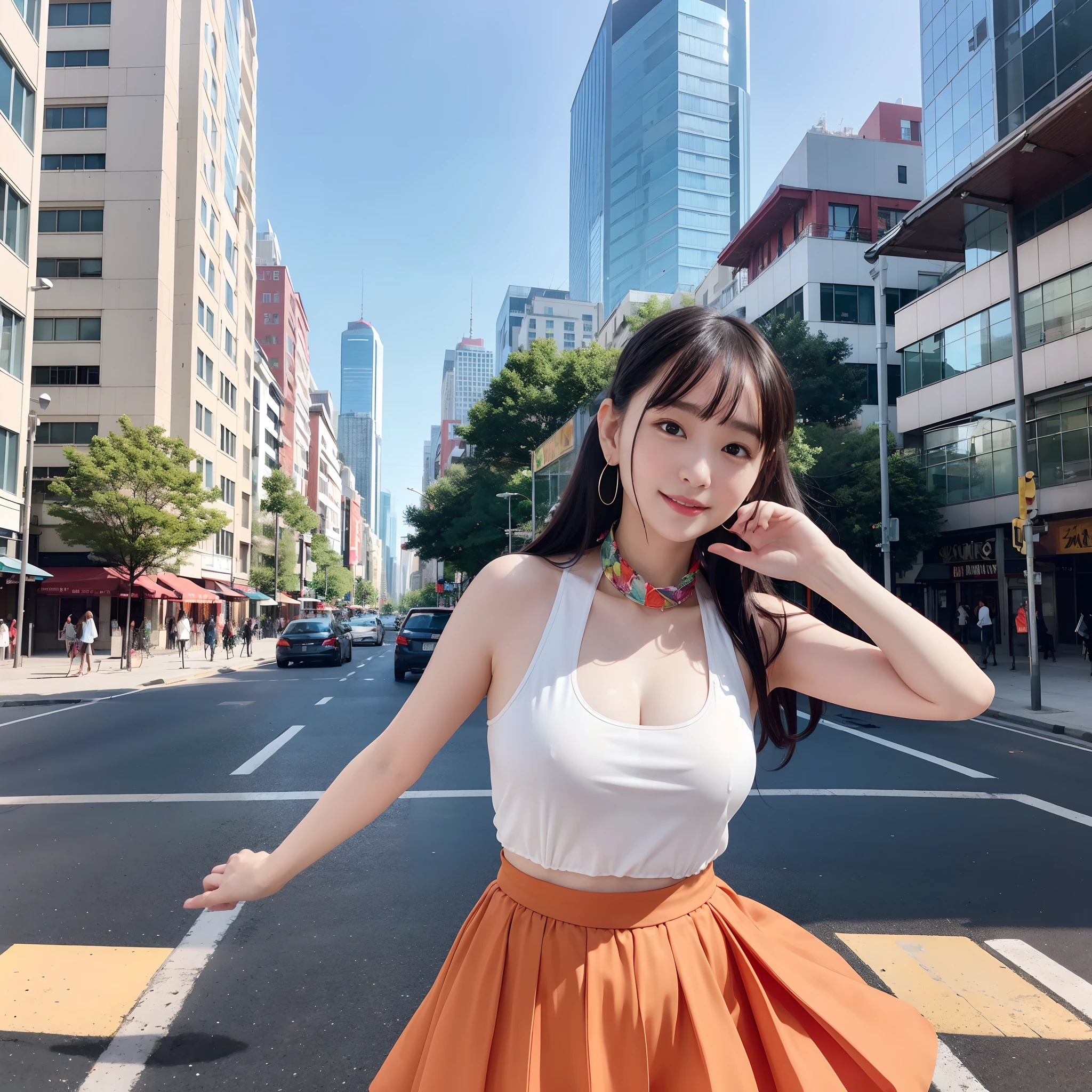 In the heart of a bustling metropolis, Young Women、Stands as a glorious testament to the vibrancy of urban life. Her outfit is a tapestry of bright colors, Each hue blends seamlessly into the next hue. flowing skirt, Reminiscent of the warm embrace of the sunset, Undulates gracefully around her. Its deep orange and passionate red are、It seems to dance to the rhythm of the city. Ensemble Topping, Cerulean Blue Fitted Blouse、Provides a refreshing contrast, Echo the endless sky above the skyline. A medley of accessories adds to the charm: Playful patterned scarf, Earrings that shine like jewels, Mint green handbags、zora々It exudes a lot of vitality.. She walks through a busy street, Her steps are as follows:、Turn your head、Imbued with confidence that invites admiration. Her laughter and smile are、As contagious as the pulsating energy of the city itself. Skyscrapers towering around her, Those mirror surfaces that reflect the kaleidoscope of colors that adorn her shape, Seamlessly blend with urban panoramas. In this urban symphony, She stands as the living embodiment of the vibrant spirit of the city, Beautiful girl in harmony with the dynamic rhythm of the surroundings. Together, They create a tableau of life, Color, Eta、A constant movement that fascinates everyone who meets it.