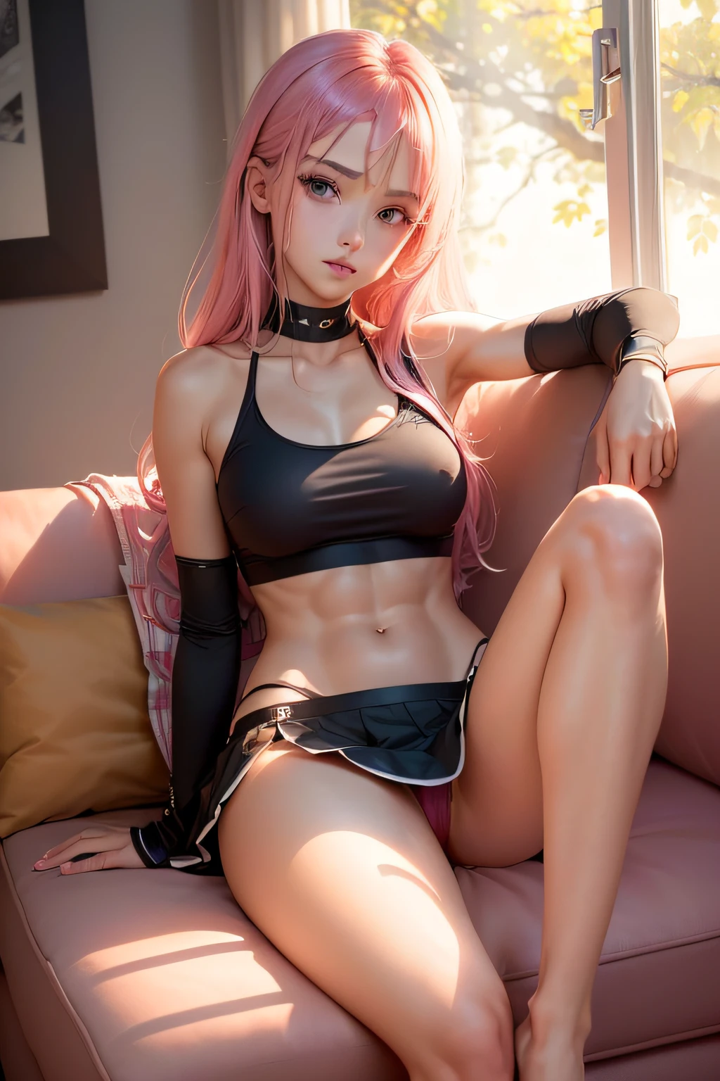 (best qualtiy,8K,tmasterpiece:1.3),(sharp fokus:1.2),(A girl sits on a sofa with her legs crossed:1.2),(perfect body figure:1.4),(Slim abs:1.1),office room,rays of sunshine,Fine face,beautidful eyes,Straight legs。widely open legs, short skirt, pink pussy
