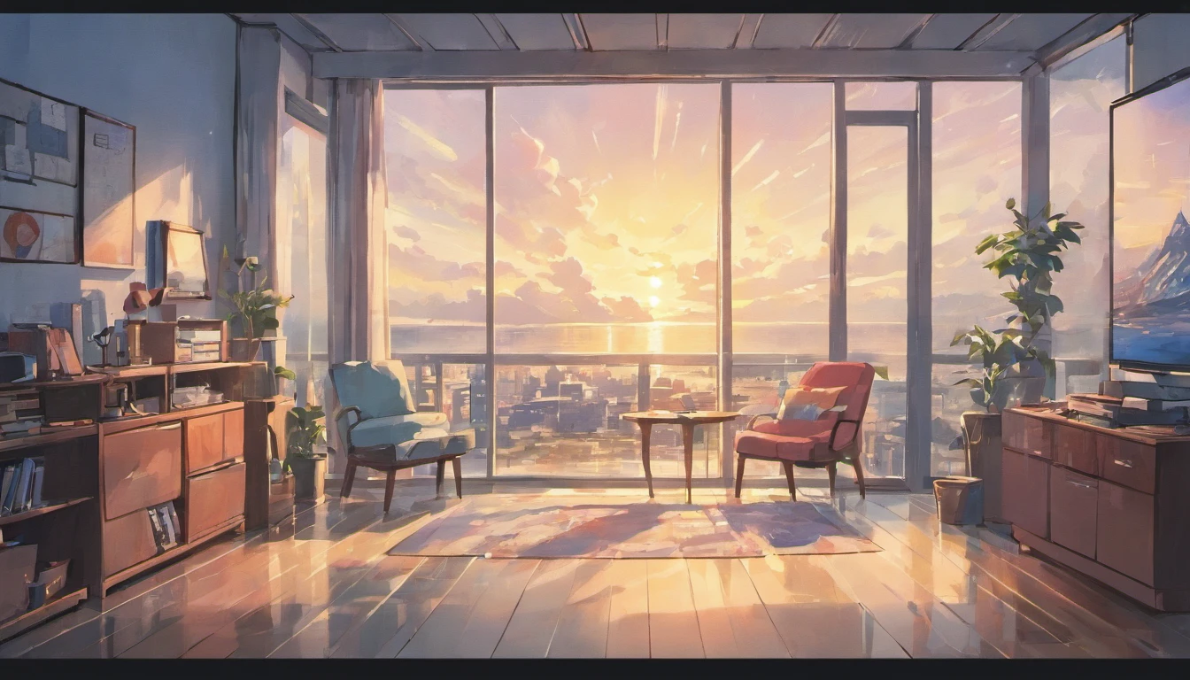 Anime scene of a living room with a view of the city - SeaArt AI