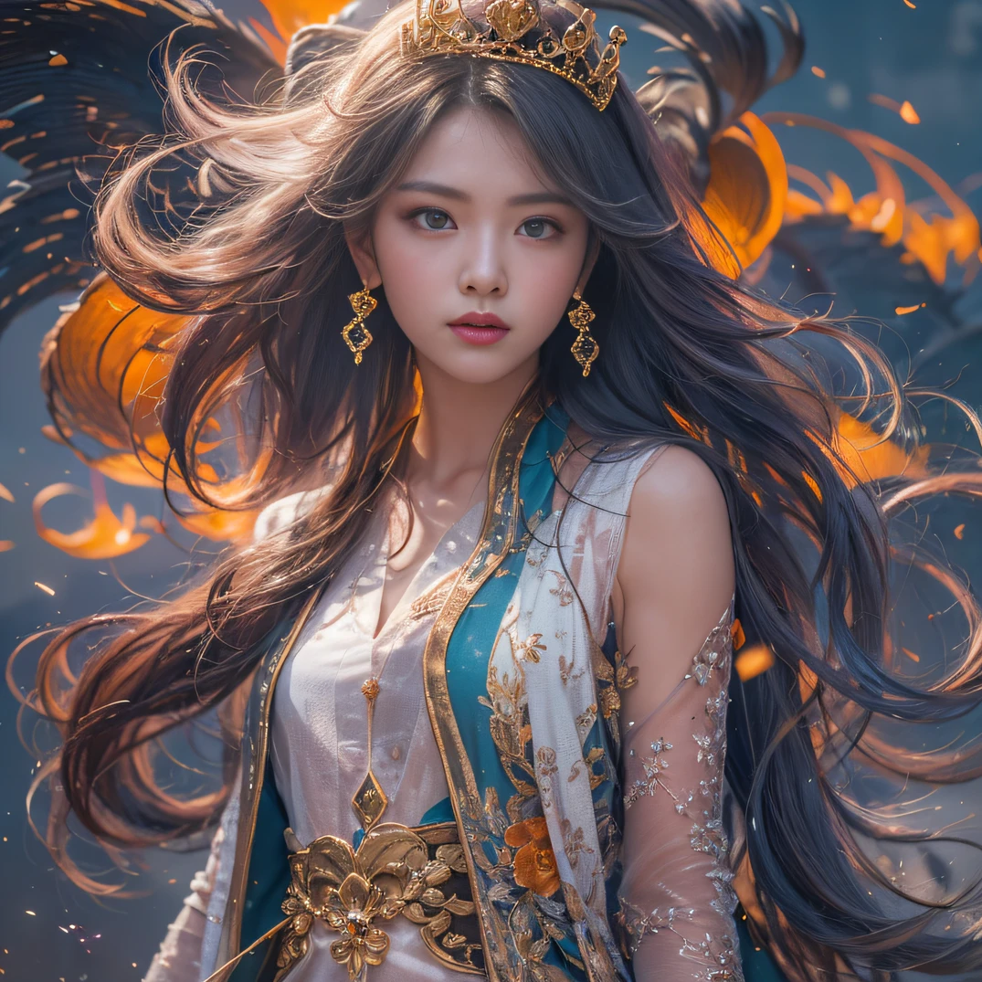 cyan colors，blue colors，A flesh-colored world，Blood Girl 32K（tmasterpiece，k hd，hyper HD，32K）Long flowing bright orange hair，blood pond，zydink， a color，Grumpy （Post-halo）， （Linen scarf）， Combat posture， looking at the ground， long whitr hair， Floating bright orange， Fire cloud pattern gold tiara， Chinese long-sleeved gold silk burgundy garment， （Abstract metaverse splash：1.2）， white backgrounid，Lotus vitality protector（realisticlying：1.4），Bright purple hair，Smoke on the road，The background is pure， A high resolution， the detail， RAW photogr， Sharp Re， Nikon D850 Film Stock Photo by Jefferies Lee 4 Kodak Portra 400 Camera F1.6 shots, Rich colors, ultra-realistic vivid textures, Dramatic lighting, Unreal Engine Art Station Trend, cinestir 800，A girl with long flowing bright orange hair