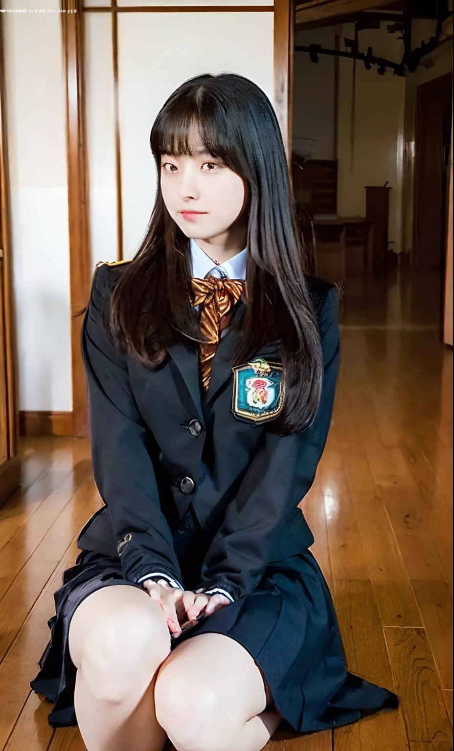 ulzzang-6500-v1.1, (Raw photo:1.2), (Photorealistic:1.4), Beautiful detailed girl, Very detailed eyes and face, Beautiful detailed eyes, Ridiculous, Incredibly ridiculous, Huge file size, Ultra detailed, High Definition, Very detailed, Best quality, Masterpiece, Kemomimi, ((Japan Girls' High School Uniform)), Illustration, Very detailed, CG, Unification, 8k wallpaper, fantastic, fine detail, masterpiece, top quality, highly detailed cg uniform 8k wallpaper, light on face, movie lighting, 16 year old girl, (panties)), ((dynamic pose))), (camel toe), (half), (pantyhose), (knee bending leg sitting))