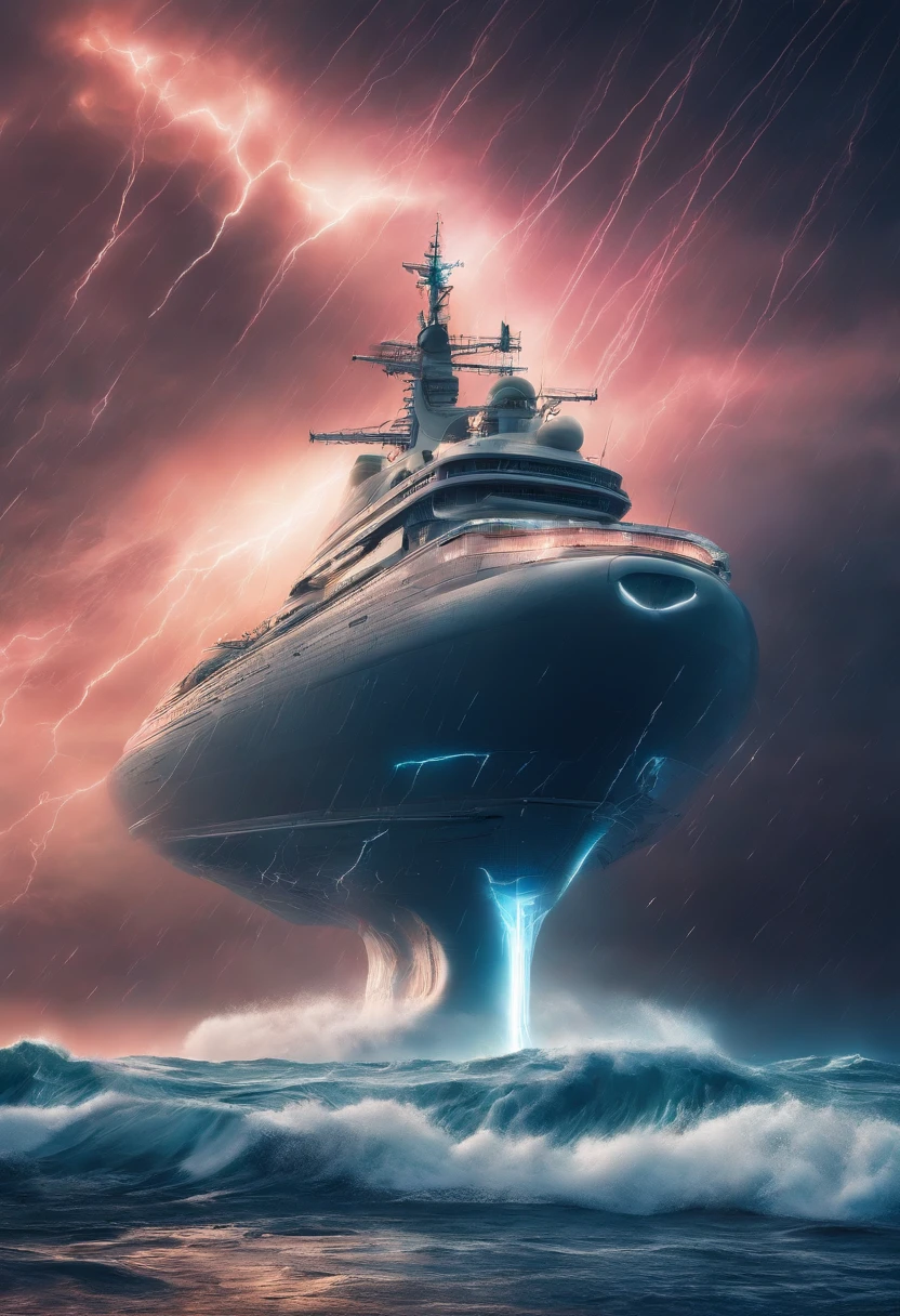 Barco fantasma en una gran tormenta con muchos truenos y rayos Arte digital surrealista, Arte surrealista, escena surrealista, Amazing lightning art, lightning storm, por Alexander Kucharsky, durante una tormenta, lightning storm, mar con grandes olas, hiperdetallado, hiperrealista, masterpiece 8k