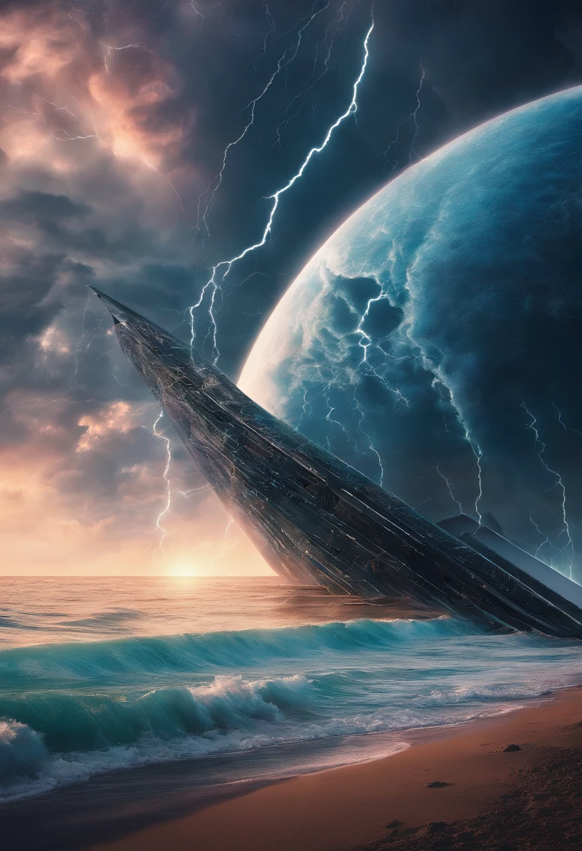 Barco fantasma en una gran tormenta con muchos truenos y rayos Arte digital surrealista, Arte surrealista, escena surrealista, Amazing lightning art, lightning storm, por Alexander Kucharsky, durante una tormenta, lightning storm, mar con grandes olas, hiperdetallado, hiperrealista, masterpiece 8k
