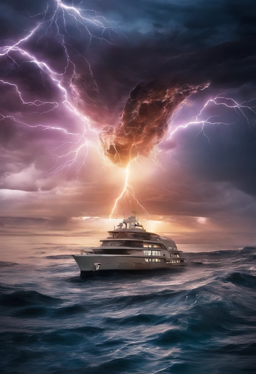 Barco fantasma en una gran tormenta con muchos truenos y rayos Arte digital surrealista, Arte surrealista, escena surrealista, Amazing lightning art, lightning storm, por Alexander Kucharsky, durante una tormenta, lightning storm, mar con grandes olas, hiperdetallado, hiperrealista, masterpiece 8k