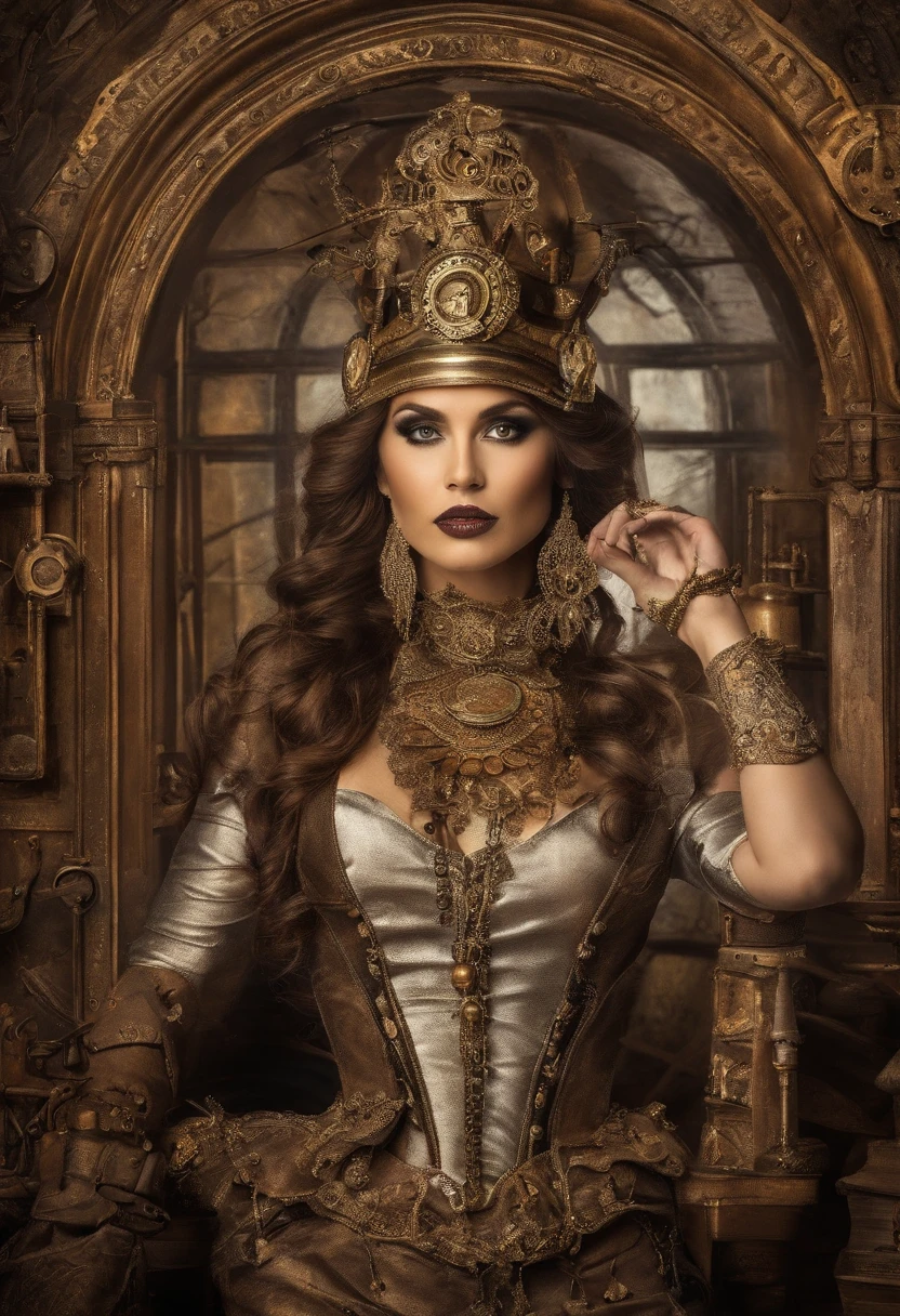 extremely beautiful young lady, maquiagem sutil, Hora de Ouro, fotorrealista, Alto contraste, HD 8K, circunstanciado, hiper-detalhado, textura de pele realista, longos cabelos escuros, peito grande, best quality, ultra high-resolution, Foto RAW, dramatic lighting, Motor irreal, brilho difuso intrincado prata eaba, Cabo Imperial Branco, spear, espada, sem leme