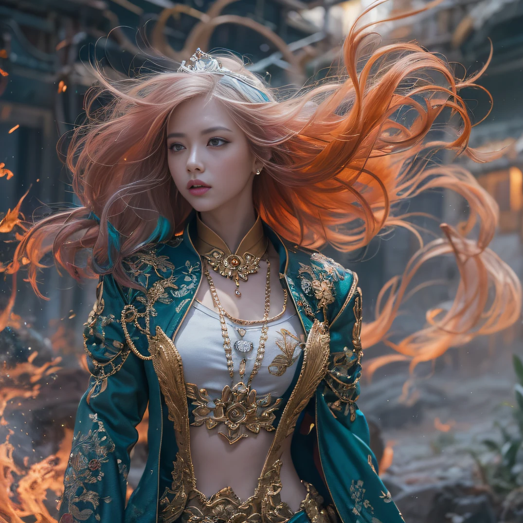 cyan colors,blue colors,A flesh-colored world,Blood Girl 32K(tmasterpiece,k hd,hyper HD,32K)Long flowing bright orange hair,blood pond,zydink, a color,Grumpy (Post-halo), (Linen scarf), Combat posture, looking at the ground, long whitr hair, Floating bright orange, Fire cloud pattern gold tiara, Chinese long-sleeved gold silk burgundy garment, (Abstract metaverse splash:1.2), white backgrounid,Lotus vitality protector(realisticlying:1.4),Bright purple hair,Smoke on the road,The background is pure, A high resolution, the detail, RAW photogr, Sharp Re, Nikon D850 Film Stock Photo by Jefferies Lee 4 Kodak Portra 400 Camera F1.6 shots, Rich colors, ultra-realistic vivid textures, Dramatic lighting, Unreal Engine Art Station Trend, cinestir 800,A girl with long flowing bright orange hair