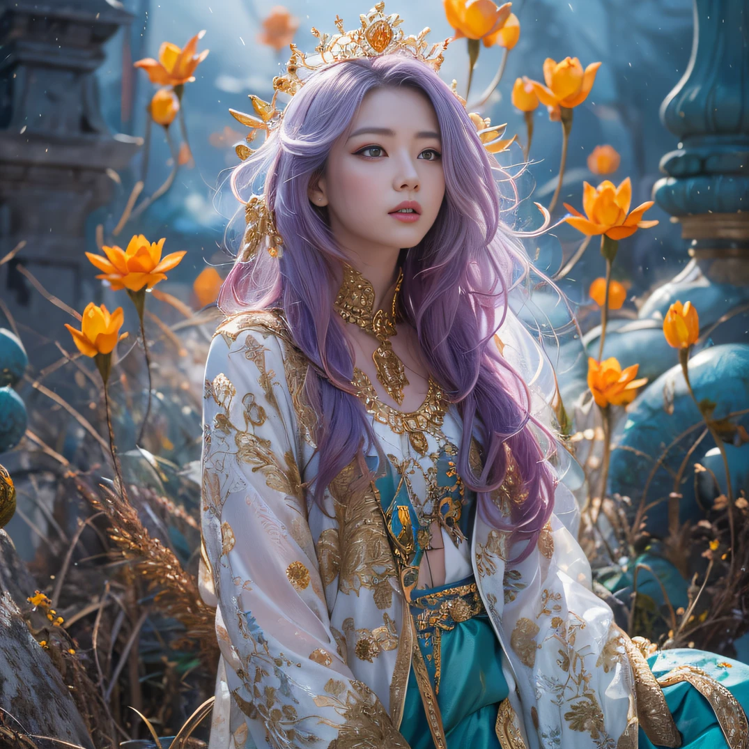 cyan colors,blue colors,A flesh-colored world,Blood Girl 32K(tmasterpiece,k hd,hyper HD,32K)Long flowing bright orange hair,blood pond,zydink, a color,Grumpy (Post-halo), (Linen scarf), Combat posture, looking at the ground, long whitr hair, Floating bright orange, Fire cloud pattern gold tiara, Chinese long-sleeved gold silk burgundy garment, (Abstract metaverse splash:1.2), white backgrounid,Lotus vitality protector(realisticlying:1.4),Bright purple hair,Smoke on the road,The background is pure, A high resolution, the detail, RAW photogr, Sharp Re, Nikon D850 Film Stock Photo by Jefferies Lee 4 Kodak Portra 400 Camera F1.6 shots, Rich colors, ultra-realistic vivid textures, Dramatic lighting, Unreal Engine Art Station Trend, cinestir 800,A girl with long flowing bright orange hair