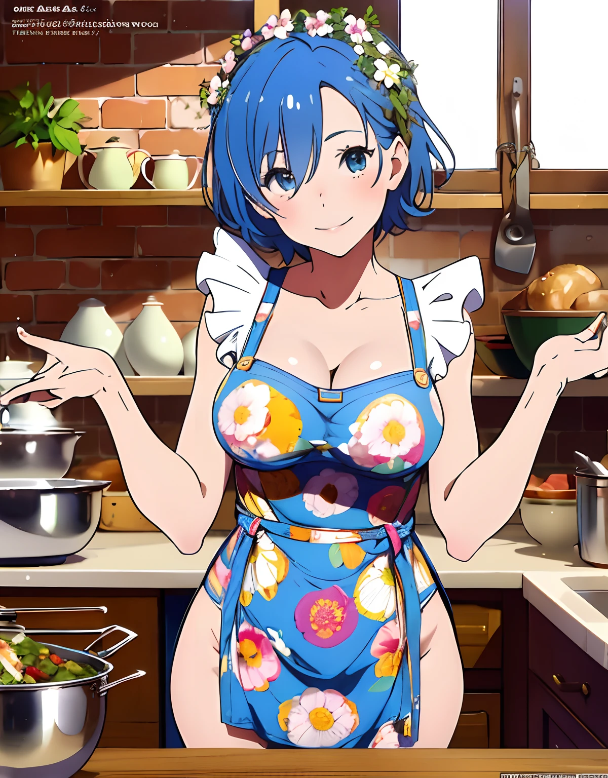 (Best Quality, Masterpiece),sexy mommy, Front cover of a women's cooking magazine, , naked, erotic, 18+, nsfw, 1girl, 30 years old, stunning, cute, heartwarming smile, hourglass figure, wearing floral dress, pinny apron, beautiful food, text, diagrams, advertisements, magazine title, super short blue hair