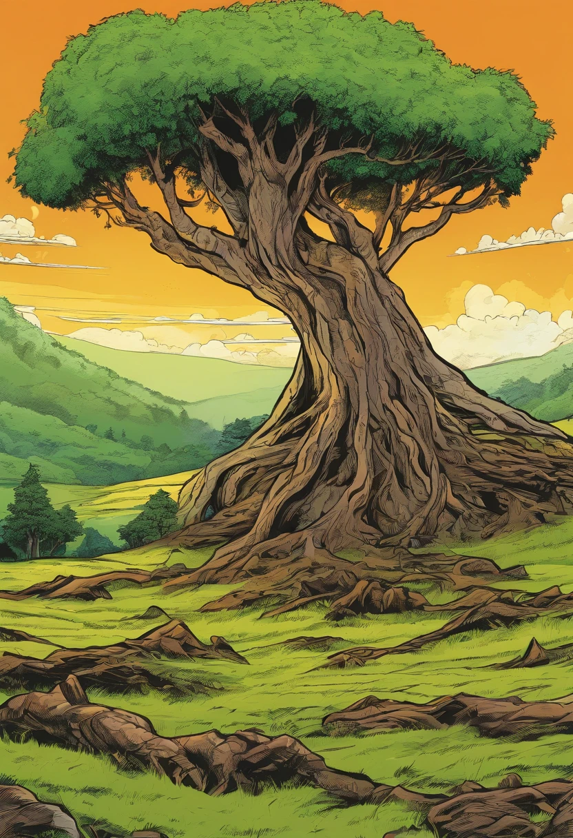 Tree roots，grassy fields