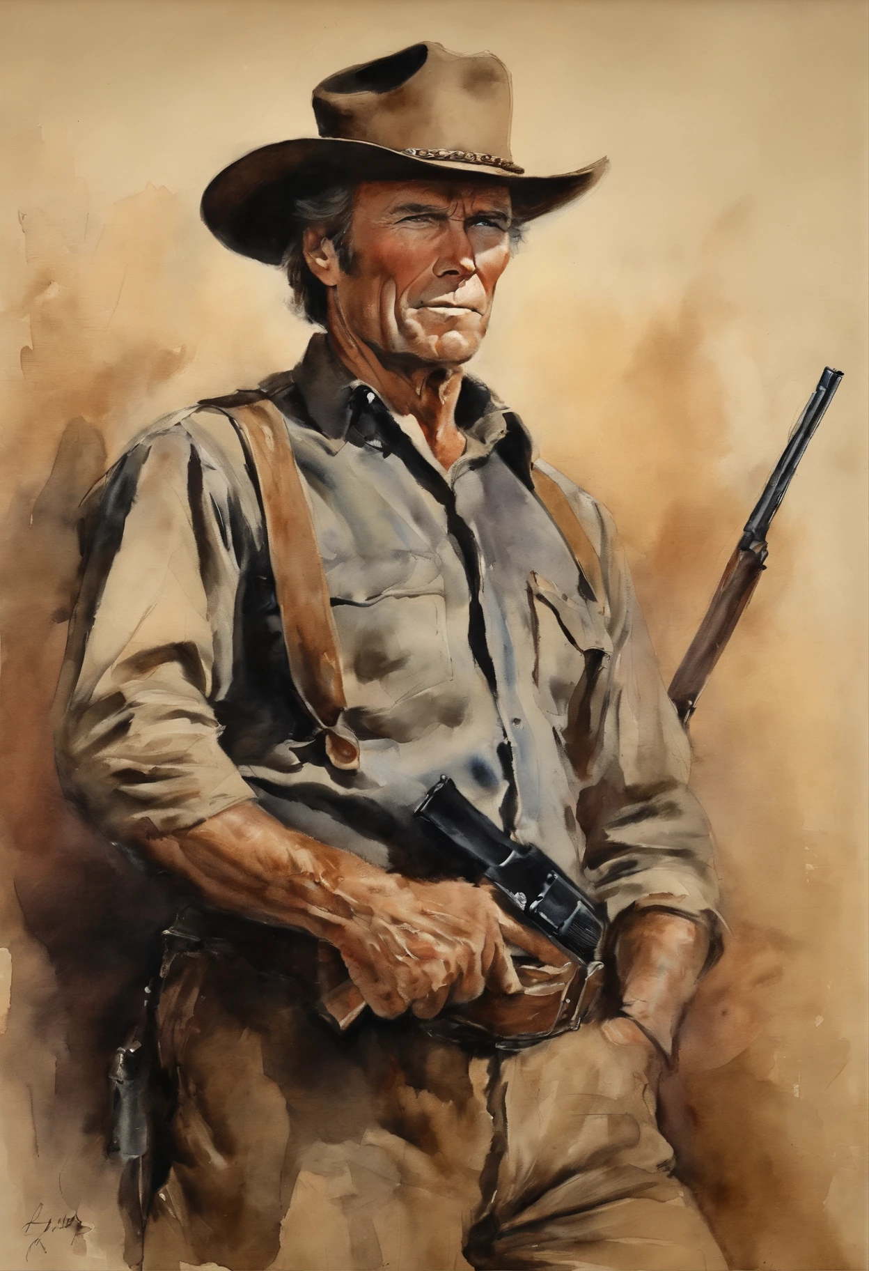 um vaqueiro (Jovem clint eastwood) (o bom o ruim e o feio) holding a gun in his hand, ((zangada 1.4)), Montando um cavalo de corrida, Gritando, Action, O lado sombrio, mystery , fundo escuro, pastel hues, autor:Adriano Barbosa, James Montgomery Flagg e Louise Van Barr、Jim French e Roslav, olhos detalhados e realistas, Big Barefoot, The groin is large and elevated, muito bonito, Beautiful