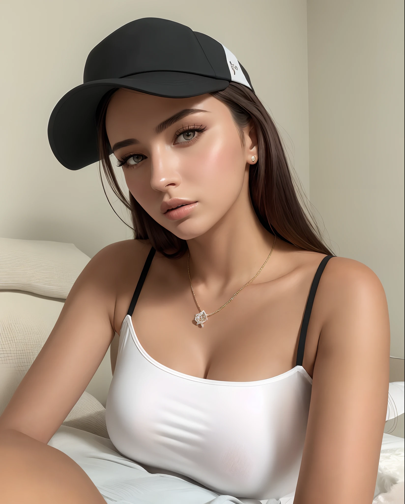 Arafed woman in a white tank top and black hat, Retrato Sophie Mudd, Modelo do Instagram, with hat, she is wearing a black tank top, wearing a chocker and cute hat, Emily Ratajkowski, Angelina Stroganova, Viktoria Gavrilenko, olivia culpo, rosto e corpo atraentes, Parece Laura Barriales, fotografia realista, fotografia, obra-prima, realista, Realismo, renderizado, Alto contraste, Arte Digital, fotográficorealista, trend in Artstation 8k HD, high definiton, circunstanciado, Realistic, detalhada, textura da pele, hiperdetalhada, Textura realista da pele, melhor qualidade, ultra high-resolution, (fotografia realista: 1.4), alta resolução, detalhada, fotografia crua, Crisp resolution, Nikon d850 filme, fotografia de stock 4, Kodak Portra 400 Camera F1 Lens.6, textura hiper realista, lighting dramatic, Unrealistic trend in Artstation Cinestill 800, RAW.