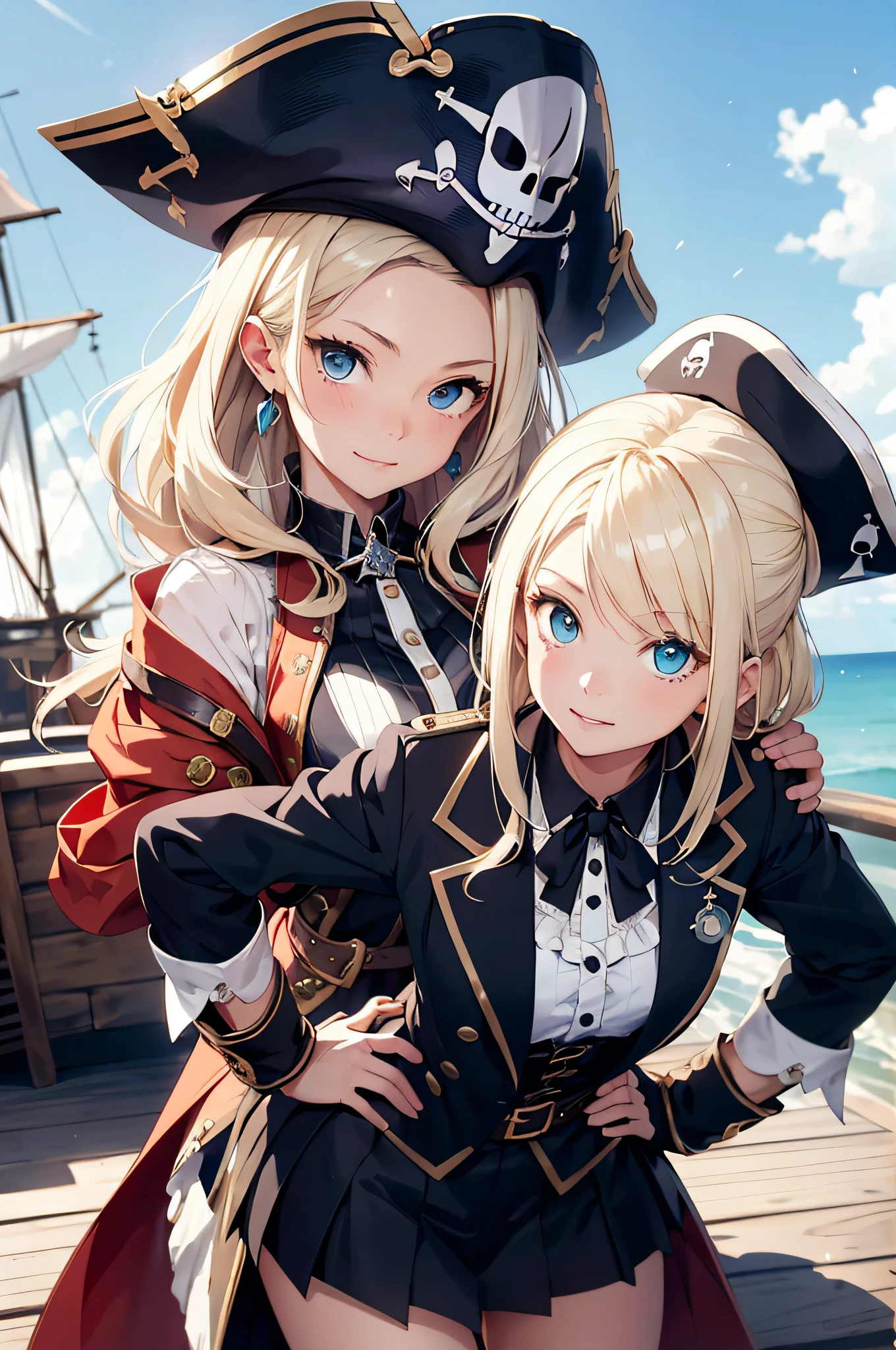 ((1 pirate woman, belt on breasts, panties with open zip, bare breasts, skull tattoo on face)),((medium breasts)),((very large pubic hair)),((large yellow hair)), ((blue eyes, smile)),((facing the viewer)),((on a pirate ship, at sea during the day)),
