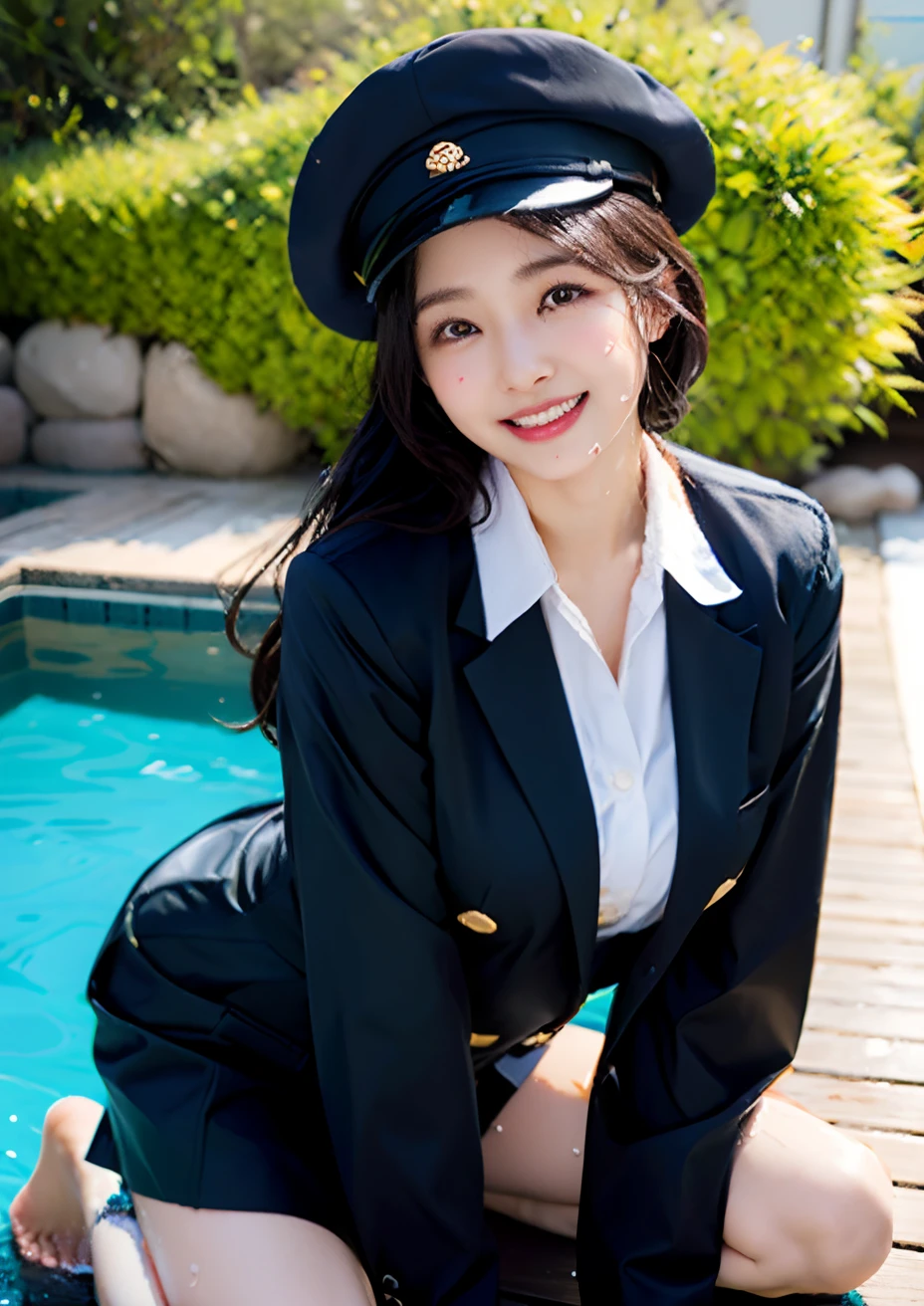 There are visible women, aya takano color style,  hana yata, Ayaka, Sui Ishida, Aya Takano, Shiori Teshirogi, Ayami Kojima Amano, Rin, Erika Ikuta, Rei Hiroe、Well-groomed eyes、sensual bodies、Uniform is wet with sweat、Extraordinary beauty、huge-breasted、Smiling、Clothes are unbuttoned、Chest that seems to burst、nudde、fullnude、Beautiful 、独奏、Wearing a pilot's hat、Beautiful 、soaked clothes、Drenched、fully body photo、Beautiful feet、Ground angle、Ground angle、Shoulder depth of the hot springs、