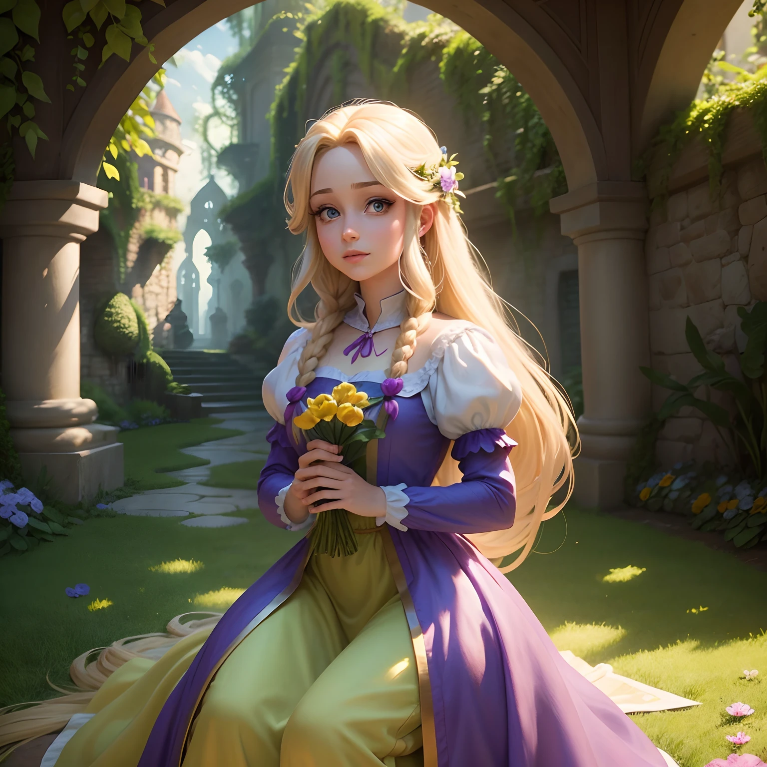 Rapunzel em um jardim encantado, desenho Disney, olhos realistas, great quality, super realista, hiper detalhado, 10K.