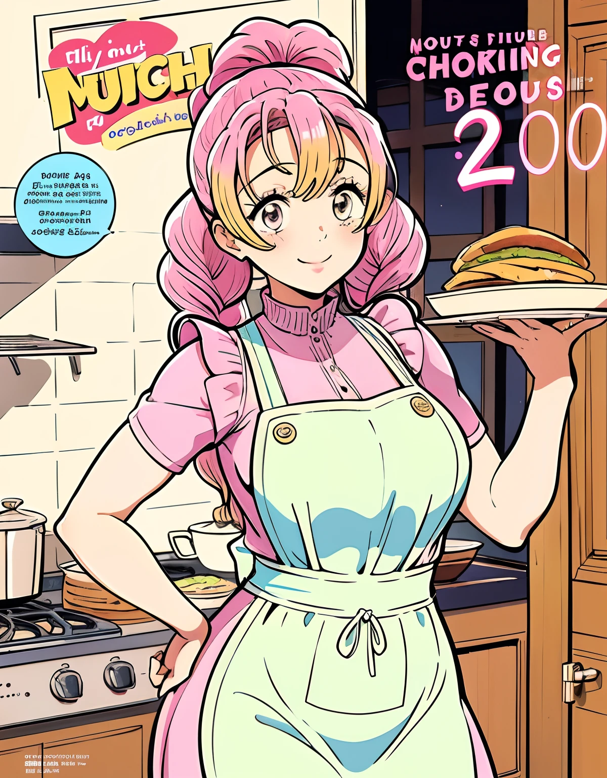 (Best Quality, Masterpiece), Front cover of a women's cooking magazine, 1girl, 30 years old,stunning, cute, heartwarming smile, hourglass figure, wearing floral dress, pinny apron, beautiful food, text, diagrams, advertisements, magazine title, ponytail hairstyles, long pink hair