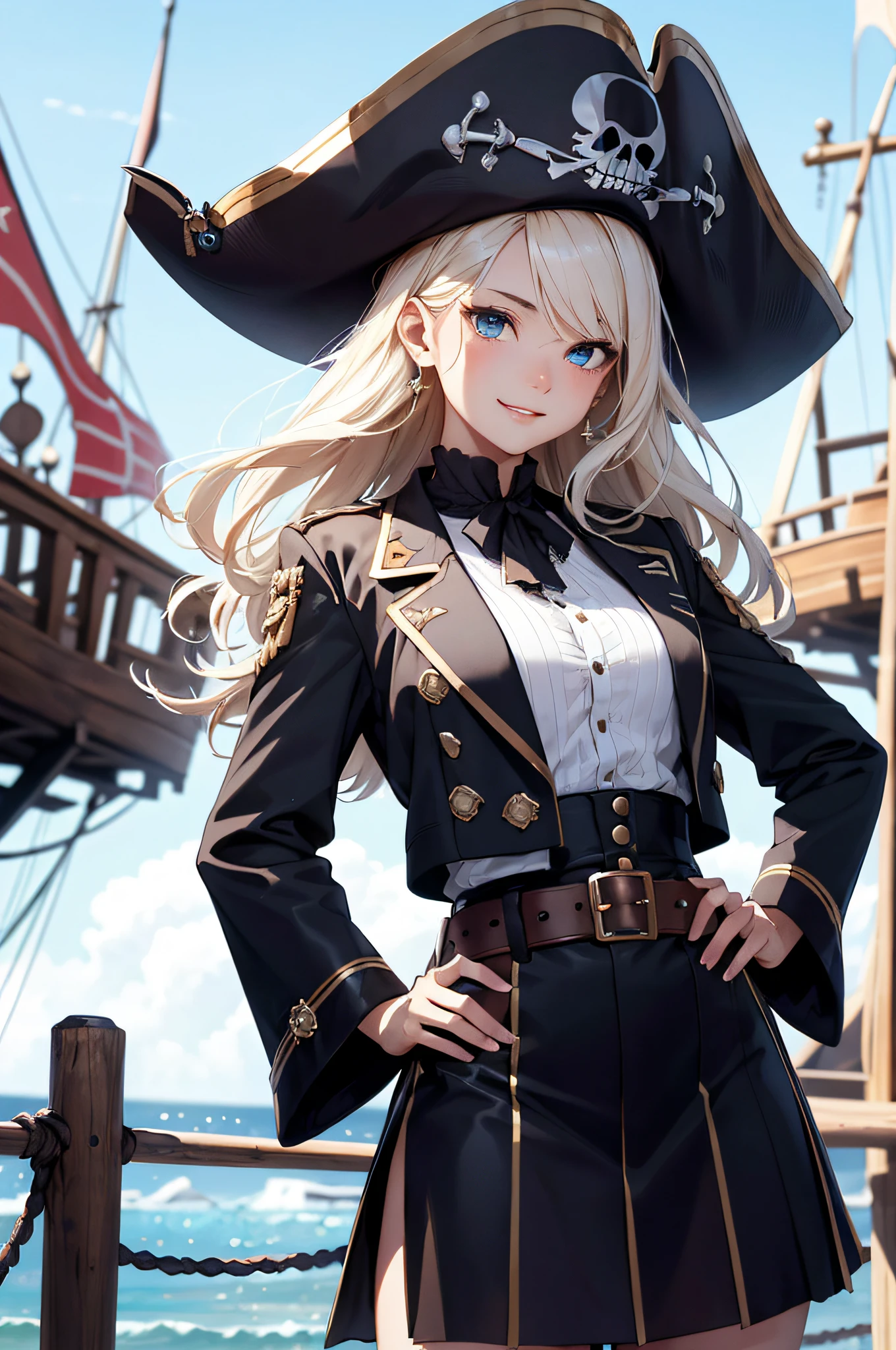 (top-quality、in 8K、32K、masterpiece、nffsw、超A high resolution、Impresionismo、Photorealsitic:1.2)、Angle from above、High angle、cowboy shot, detailed faces and eyes、 On board、Pirate Ship、Evening glow、beauitful face、blurry backround、20-year-old beauty、shinny skin、Beautiful platinum blonde hair、Invincible smile、Sky blue eyes、(Pointing with your right hand、Left hand on hip:1.2)、Pirates costume、skirt by the、Curve、Stand on one knee、Opening legs、Be yourself、Pirate Hat