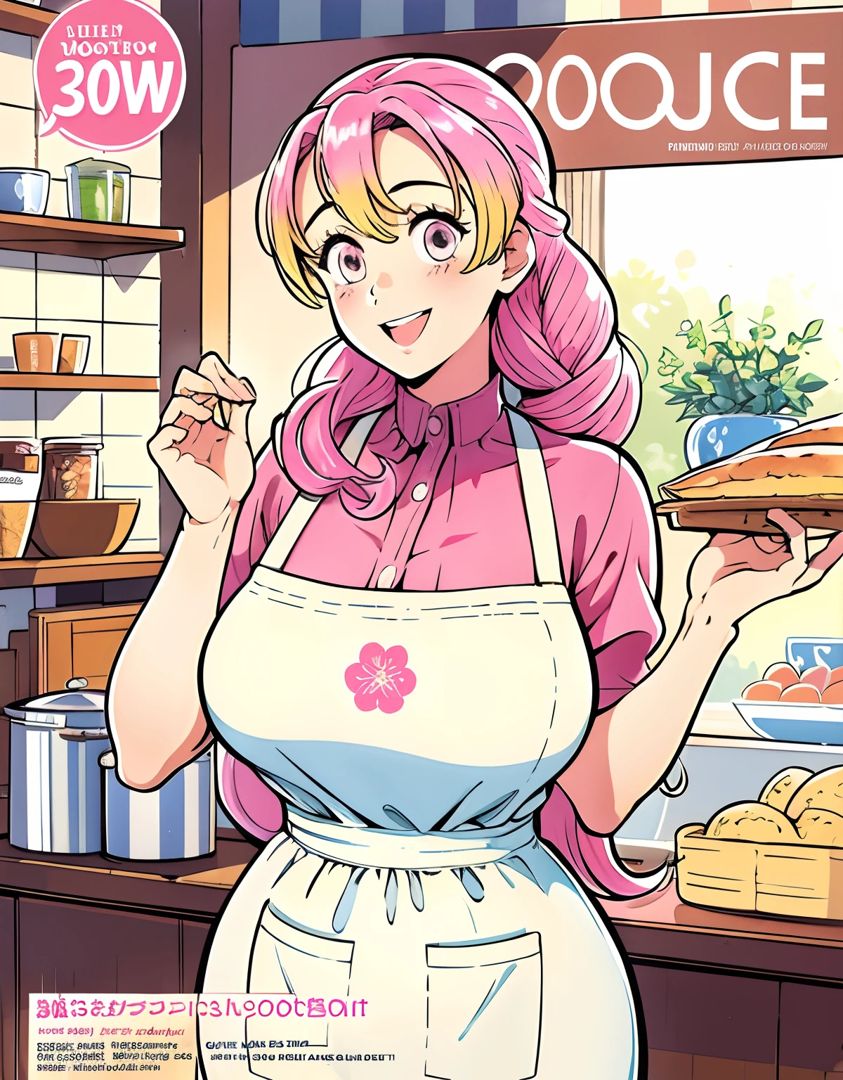 (Best Quality, Masterpiece), Front cover of a women's cooking magazine, 1girl, 30 years old,stunning, cute, heartwarming smile, hourglass figure, wearing floral dress, pinny apron, beautiful food, text, diagrams, advertisements, magazine title, ponytail hairstyles, long pink hair