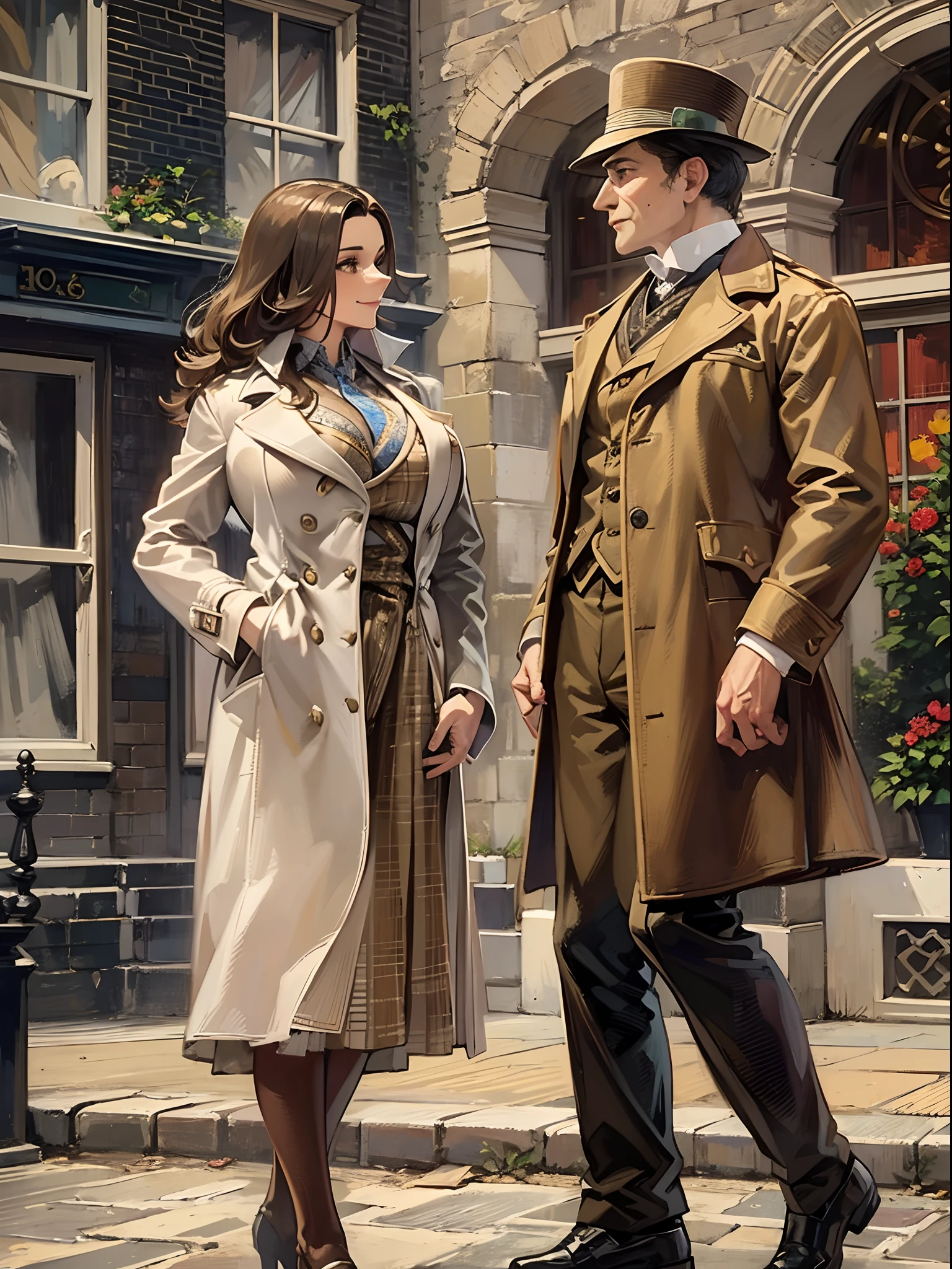 sherlock holmes lady & watson girl,
(huge busty:1.5),
sherlock holmes lady brown glen check frock coat,
side standing watson girl white formal suits,
detective,
gently,
elegance,
wind,
smile,
london,
baker street,
british,
real face,
real body,
real background,
((((masterpiece)))), high quality, very_high_resolution, large_filesize, full color,