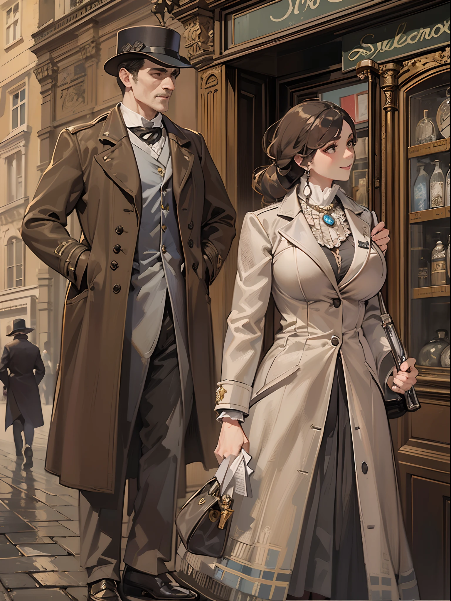 sherlock holmes lady & watson girl,
(huge busty:1.5),
sherlock holmes lady brown glen check frock coat,
side standing watson girl white formal suits,
detective,
gently,
elegance,
wind,
smile,
london,
baker street,
british,
real face,
real body,
real background,
((((masterpiece)))), high quality, very_high_resolution, large_filesize, full color,