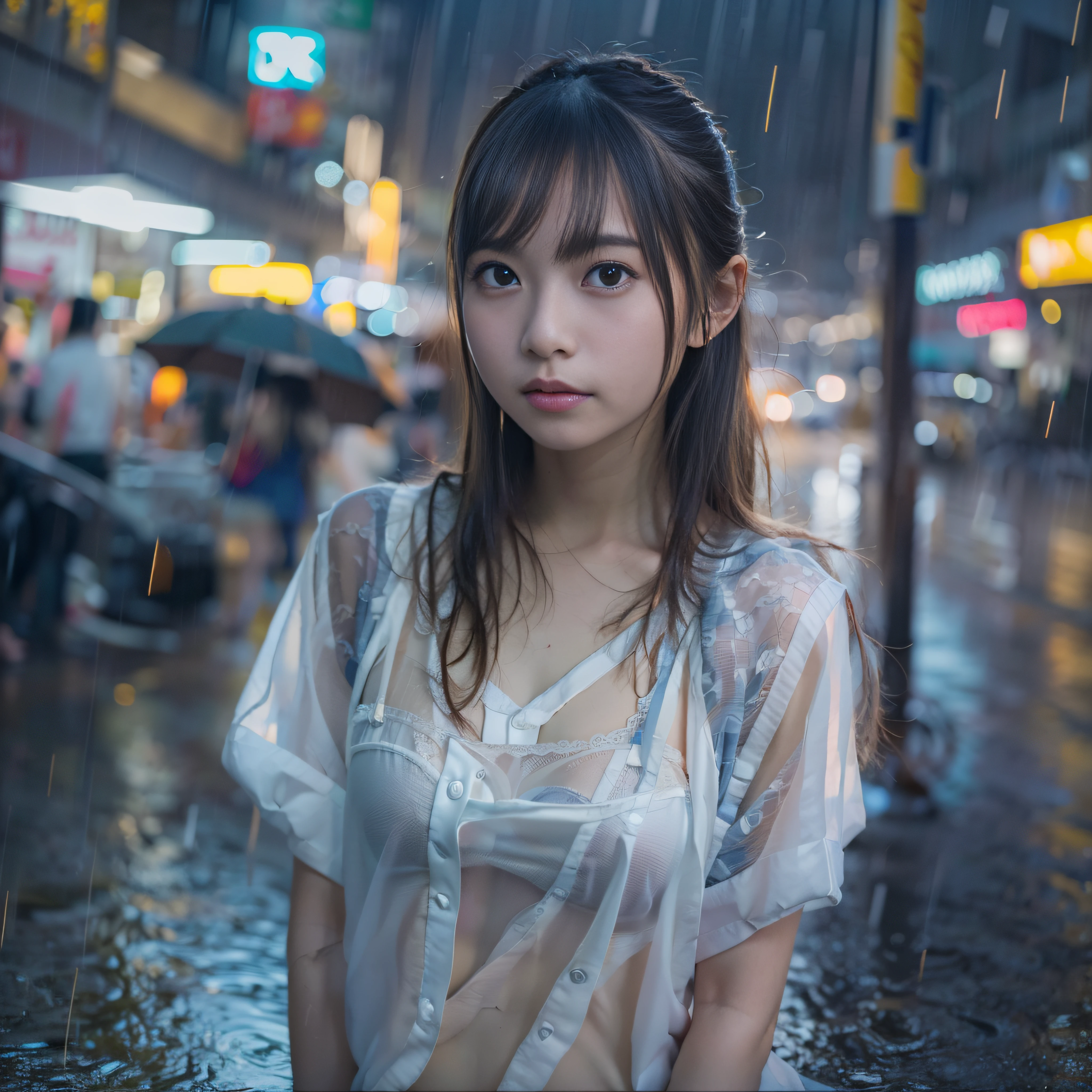 女の子1人、on tokyo street、A city scape、night cityscape、Neon Street、Rain at night、Rain-drenched body、(((hi-school girl)))、(((rain-soaked shirts、Underwear is see-through)))、The upper part of the body、a closeup、A smile、、(8K、Raw photography、top-quality、masterpiece:1.2)、(realisitic、photoRealstic:1.37)、Highly detailed eyelash drawing、(((Top image quality))),Colossal tits、Fine skin, (Beautiful hair), (Perfect Anatomy), (Realistic), (Dynamic Angle), Pose Seductive,Perfect,Sensual look、top-quality、hight resolution、