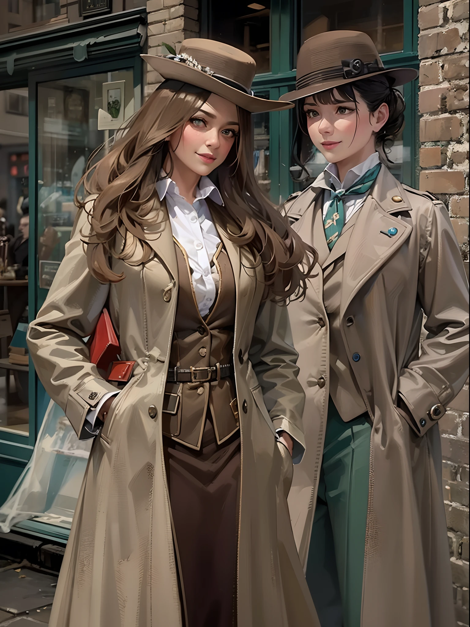 sherlock holmes lady & watson girl,
(huge busty:1.5),
sherlock holmes lady brown glen check frock coat,
side standing watson girl white formal suits,
detective,
gently,
elegance,
wind,
smile,
london,
baker street,
british,
real face,
real body,
real background,
((((masterpiece)))), high quality, very_high_resolution, large_filesize, full color,