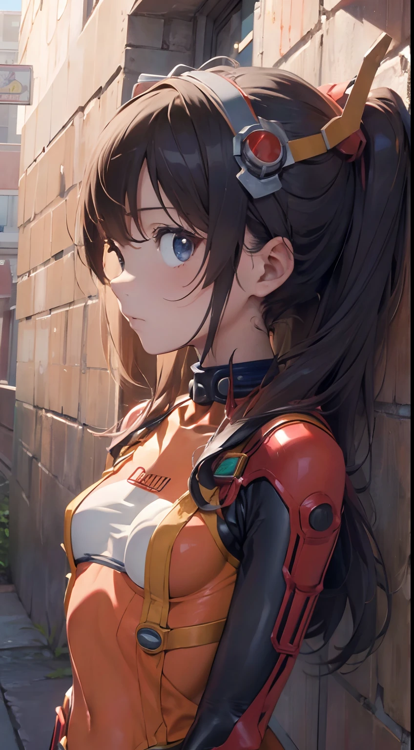 ((masterpiece,best quality, detailed)), against wall, souryuu asuka langley, test plugsuit, headgear