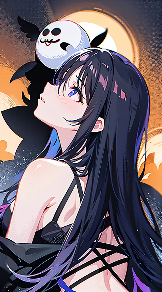 young girl, Dark black skin, long purple hair, cat ears, golden eyes, Naked, cosmic tattoo, outer space, smirk, Masterpiece, hiquality