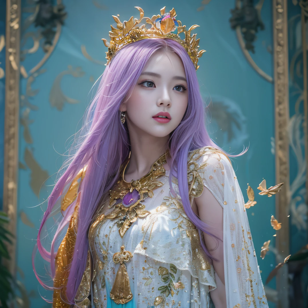cyan colors，blue colors，A flesh-colored world，Blood Girl 32K（tmasterpiece，k hd，hyper HD，32K）Long flowing bright orange hair，blood pond，zydink， a color，Grumpy （Post-halo）， （Linen scarf）， Combat posture， looking at the ground， long whitr hair， Floating bright orange， Fire cloud pattern gold tiara， Chinese long-sleeved gold silk burgundy garment， （Abstract metaverse splash：1.2）， white backgrounid，Lotus vitality protector（realisticlying：1.4），Bright purple hair，Smoke on the road，The background is pure， A high resolution， the detail， RAW photogr， Sharp Re， Nikon D850 Film Stock Photo by Jefferies Lee 4 Kodak Portra 400 Camera F1.6 shots, Rich colors, ultra-realistic vivid textures, Dramatic lighting, Unreal Engine Art Station Trend, cinestir 800，A girl with long flowing bright orange hair