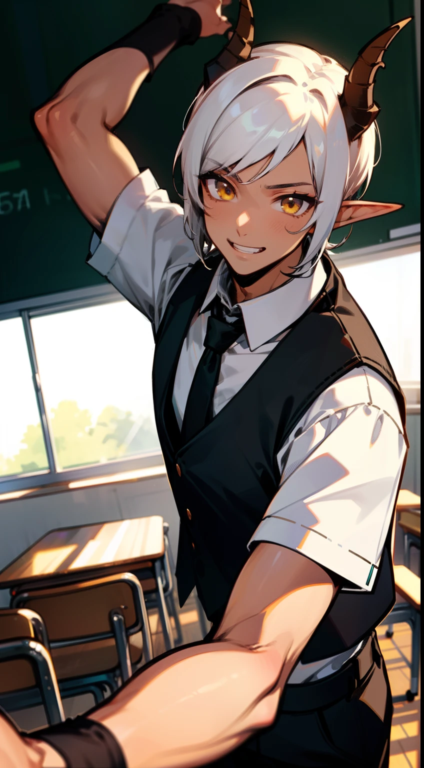 1boy,solo,happy,(dark skin,medium body,male face),white student shirt,black tie,black vest,black pants,Short hair,white hair,yellow eyes,elves ears,black horns,classroom