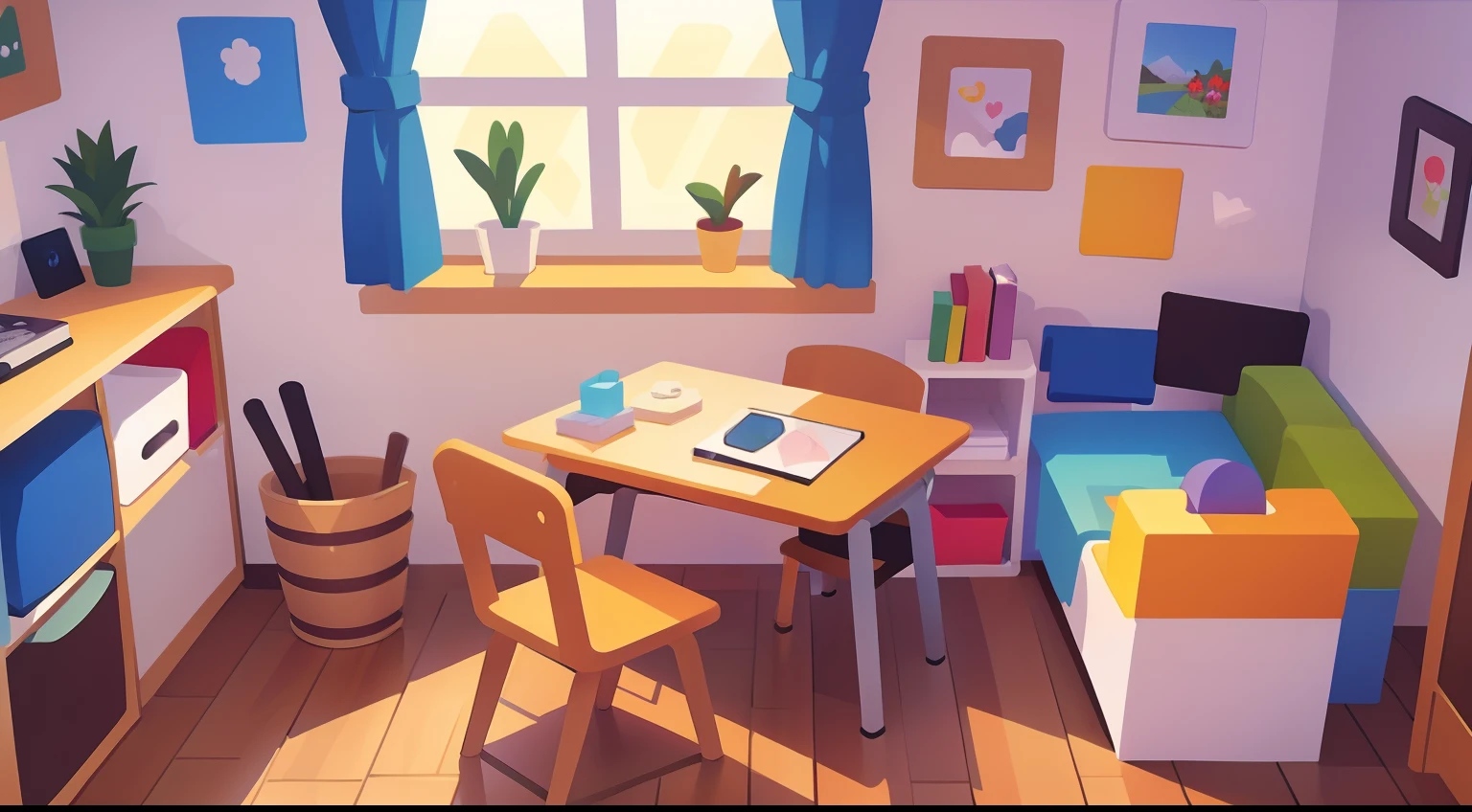 Model Room、No person、Stable composition、eye view、s room、Small desk、Small cabinet、plushies、Natural Color