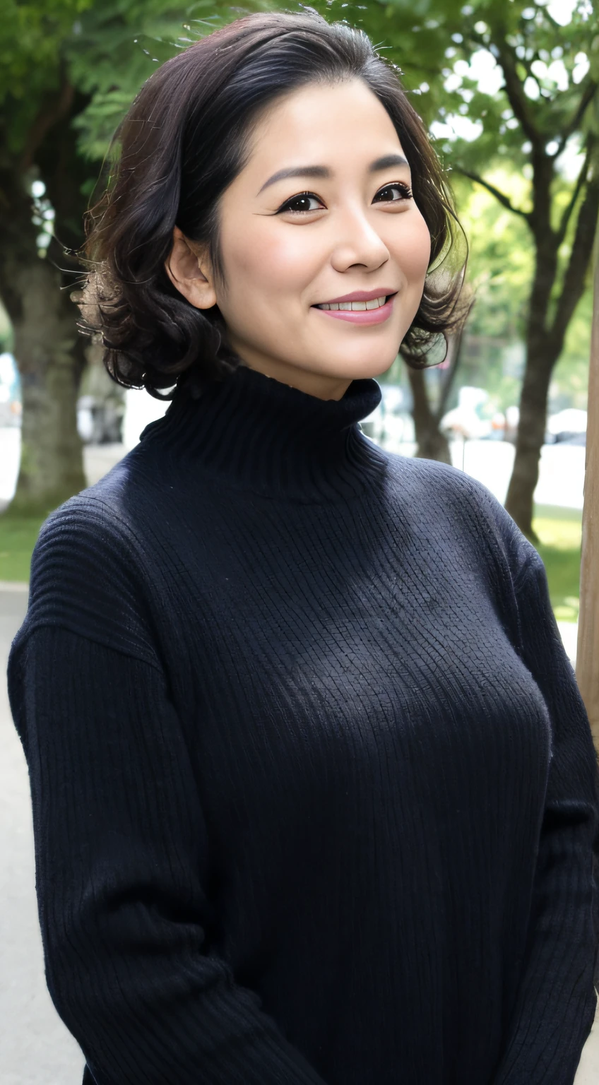((Best quality, 8K, Masterpiece, Portrait: 1.3)), (View viewers), Photorealism, Sharp focus, Solo, The Moro Islamic Liberation Front of Japan, Beauty, 28 years old, Curly hair, wrinkles around the eyes, high-necksweater ((standing on one leg)), Walk in the park,