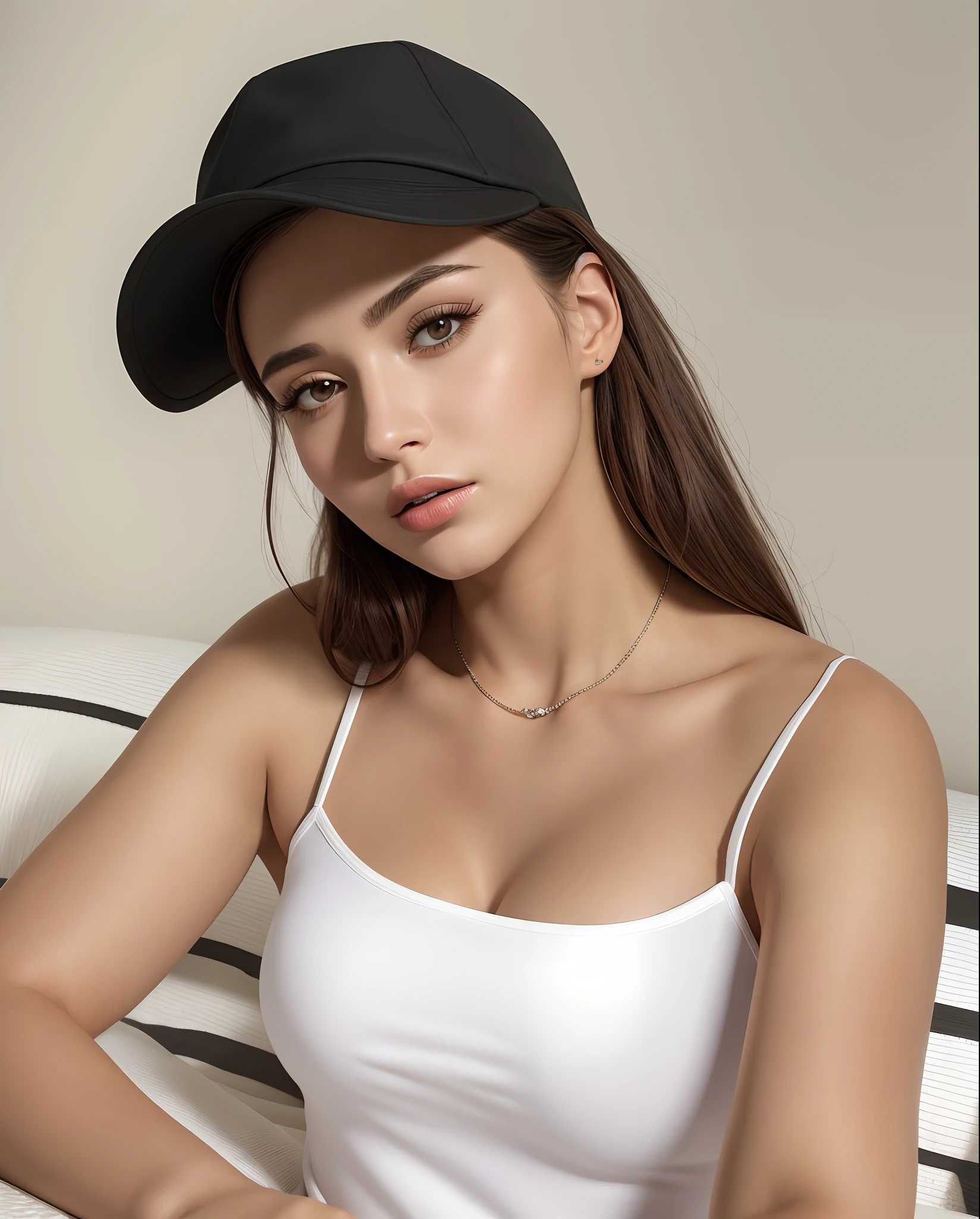 Arafed woman in a white tank top and black hat, Retrato Sophie Mudd, Modelo do Instagram, with hat, she is wearing a black tank top, wearing a chocker and cute hat, Emily Ratajkowski, Angelina Stroganova, Viktoria Gavrilenko, olivia culpo, rosto e corpo atraentes, Parece Laura Barriales, fotografia realista, fotografia, obra-prima, realista, Realismo, renderizado, Alto contraste, Arte Digital, fotográficorealista, trend in Artstation 8k HD, high definiton, circunstanciado, Realistic, detalhada, textura da pele, hiperdetalhada, Textura realista da pele, melhor qualidade, ultra high-resolution, (fotografia realista: 1.4), alta resolução, detalhada, fotografia crua, sharp resolution, Nikon D850 filmes, fotografia de stock 4, Kodak Portra 400 Camera F1 Lens.6, textura hiper realista, lighting dramatic, Unrealistic trend in Artstation Cinestill 800, .RAW.