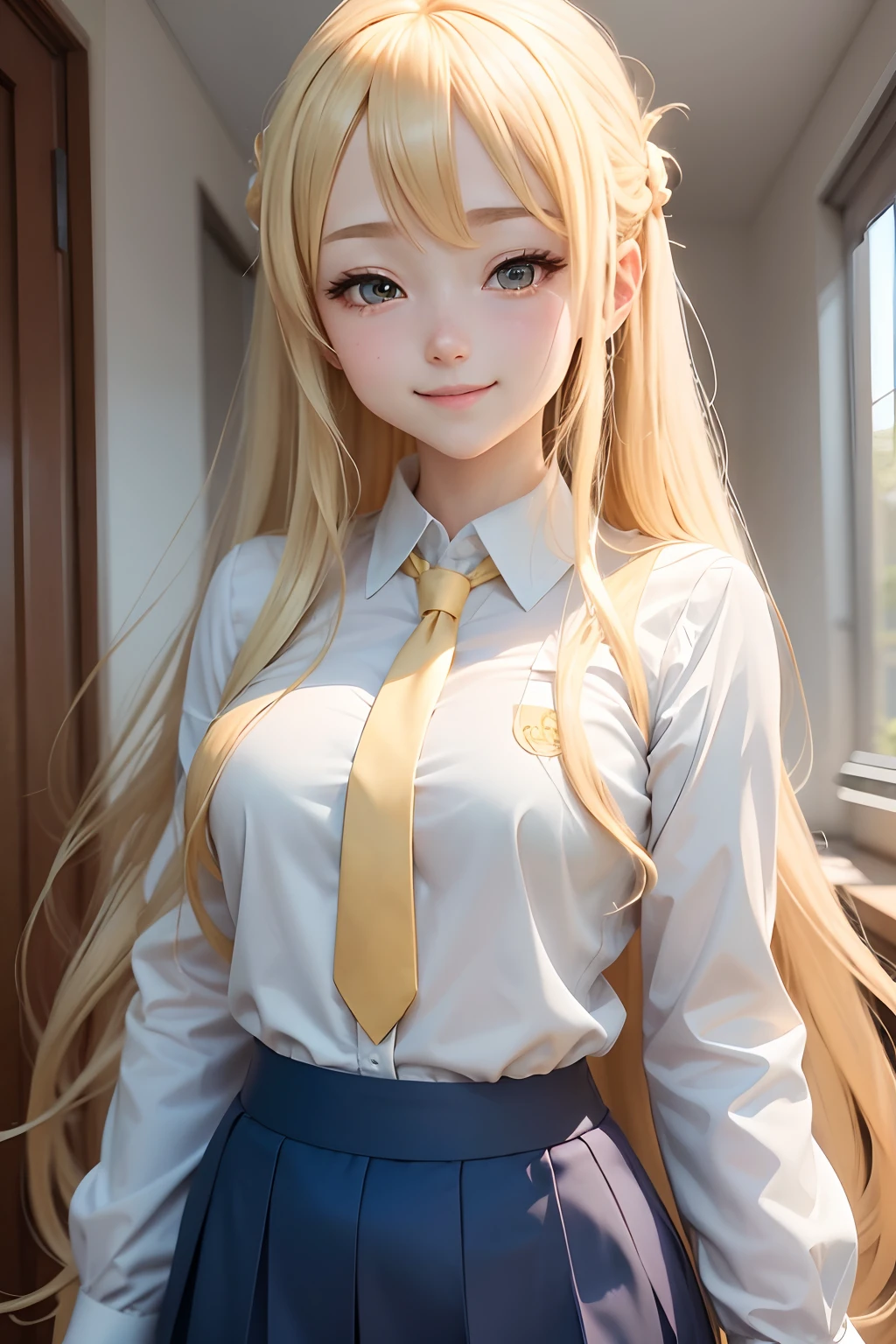 Anime girl with long blonde hair and blue tie in white shirt, Watch anime of cute girls, Blonde anime girl with long hair, A cheerful smile, Beautiful Anime High School Girl, Anime pictures of young women, Anime girl faces are very cute., anime best girl, Menina do anime chamada Lucy, Smart Smile, Anime portrait of Shiina Ringo