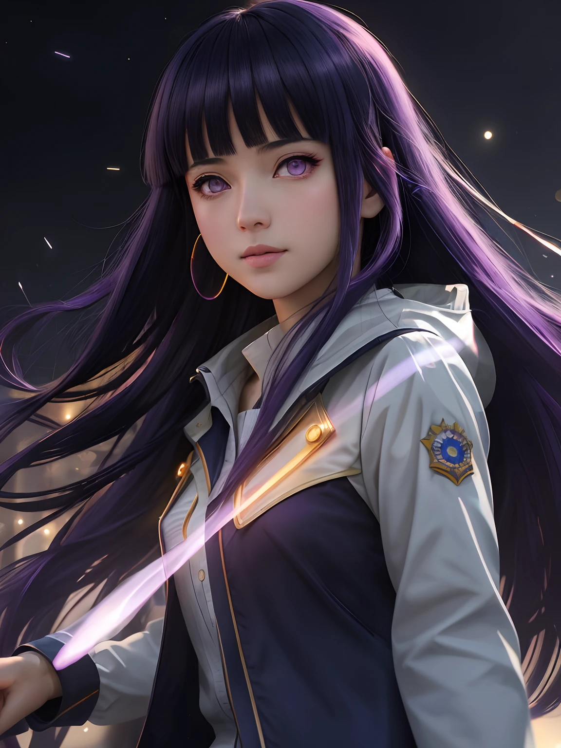 (best quality, masterpiece:1.2),ultra detailed,(photo realistic:1.4),solo,cute girl,(colorful illumination:1.1),light_particles, summon,on hand,luminescence_circle_background,Blunt Bangs, purple eyes, long dark blue hair